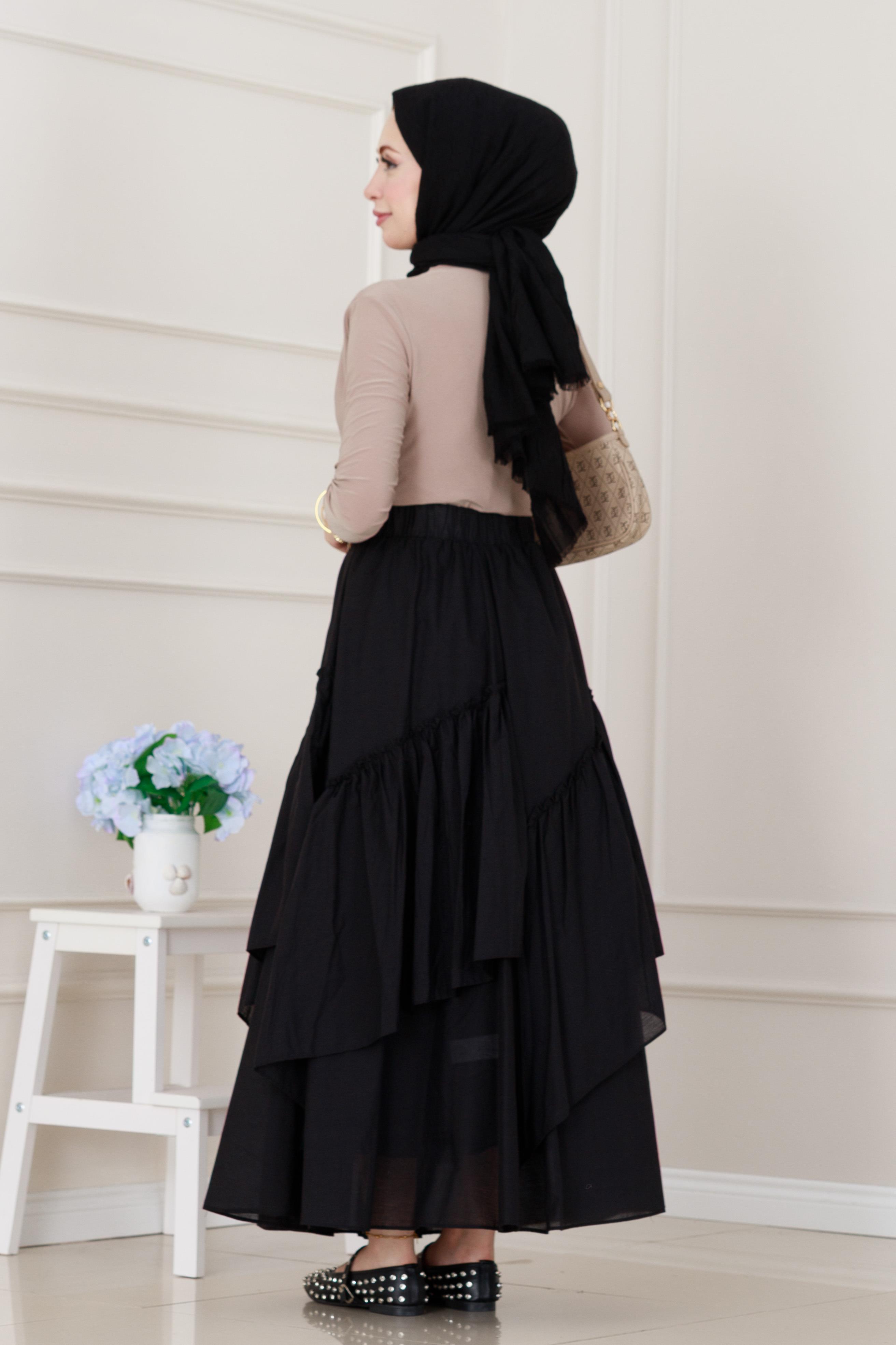 Katlı Botto Vual Etek-Siyah