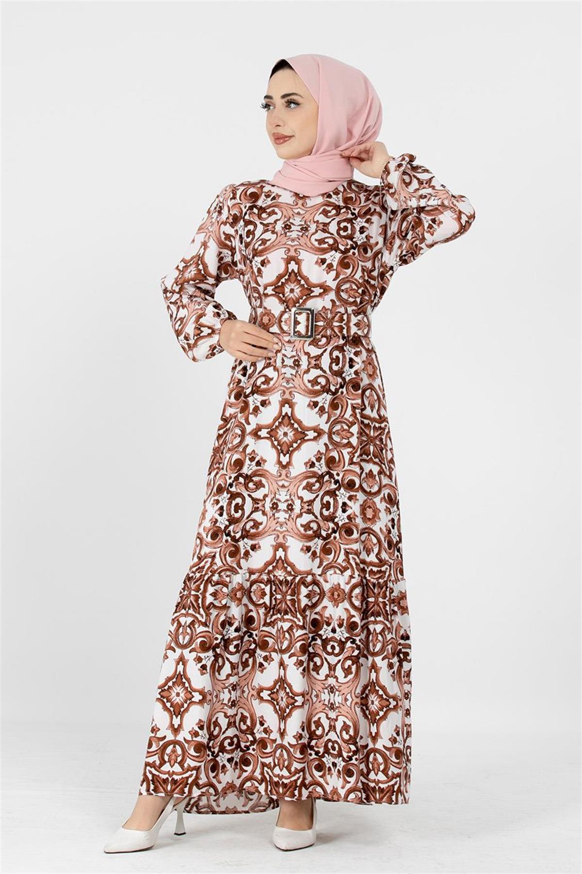 Viscose Belted Dress - Brown