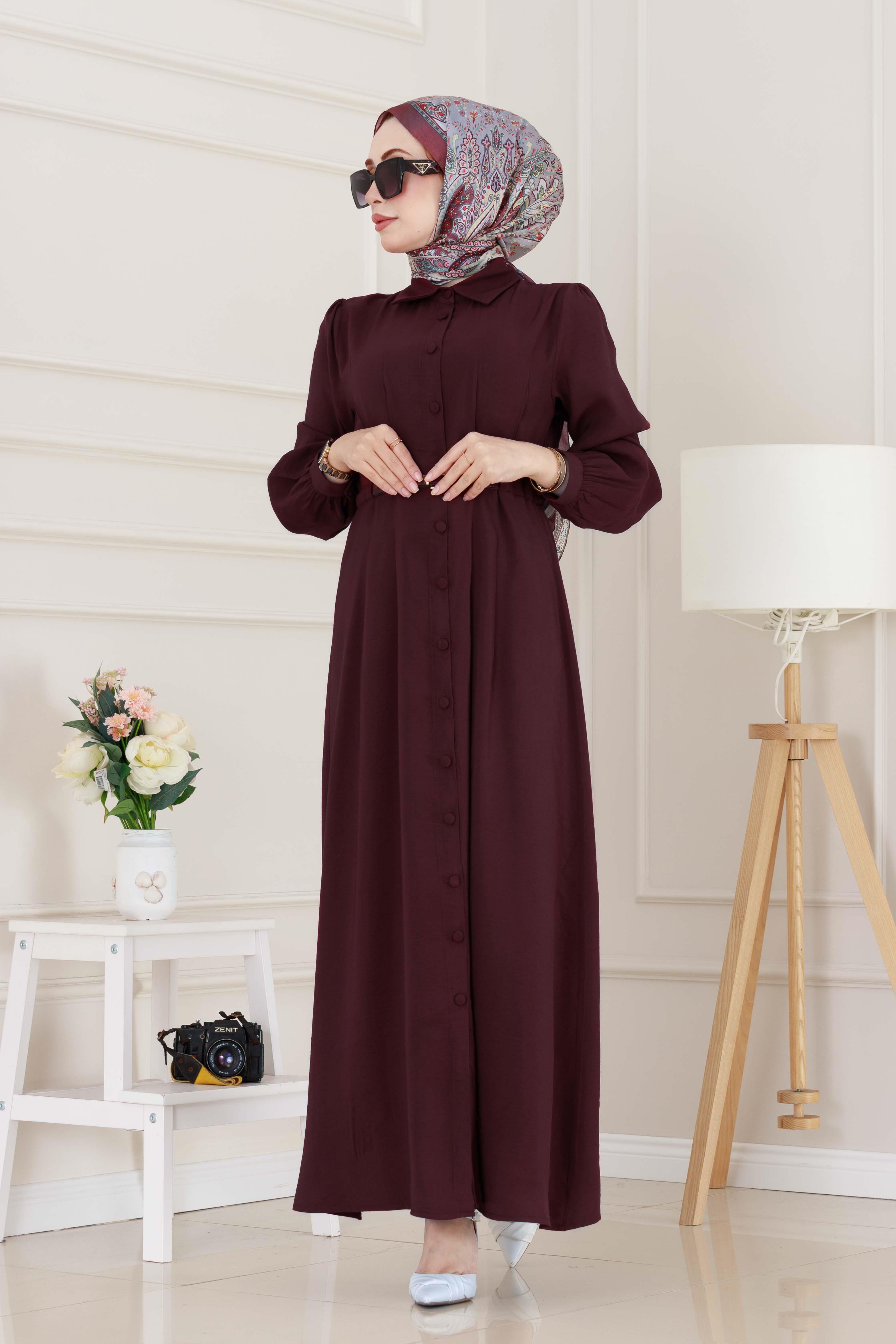 Kemerli Tensel Elbise-Bordo