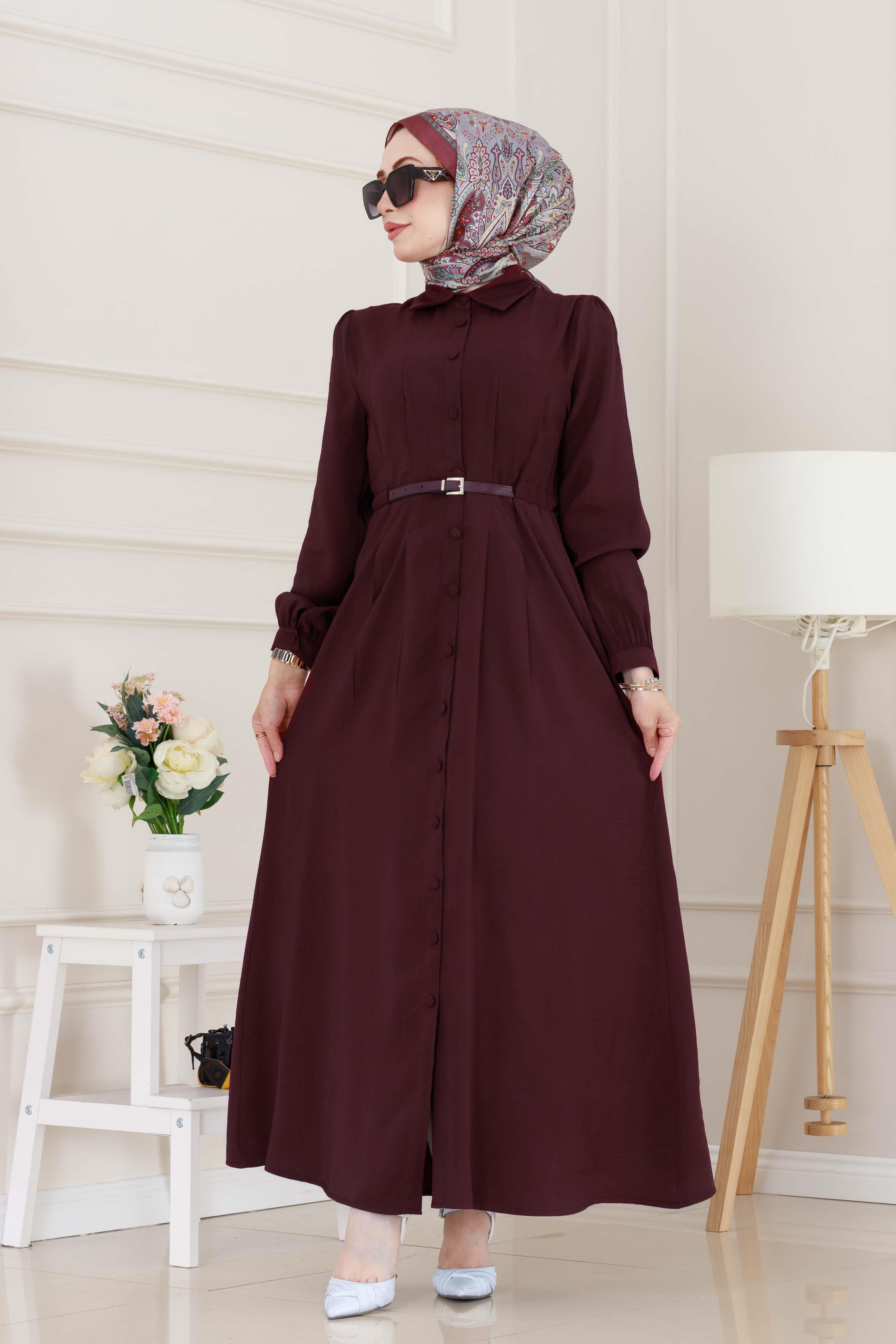 Kemerli Tensel Elbise-Bordo