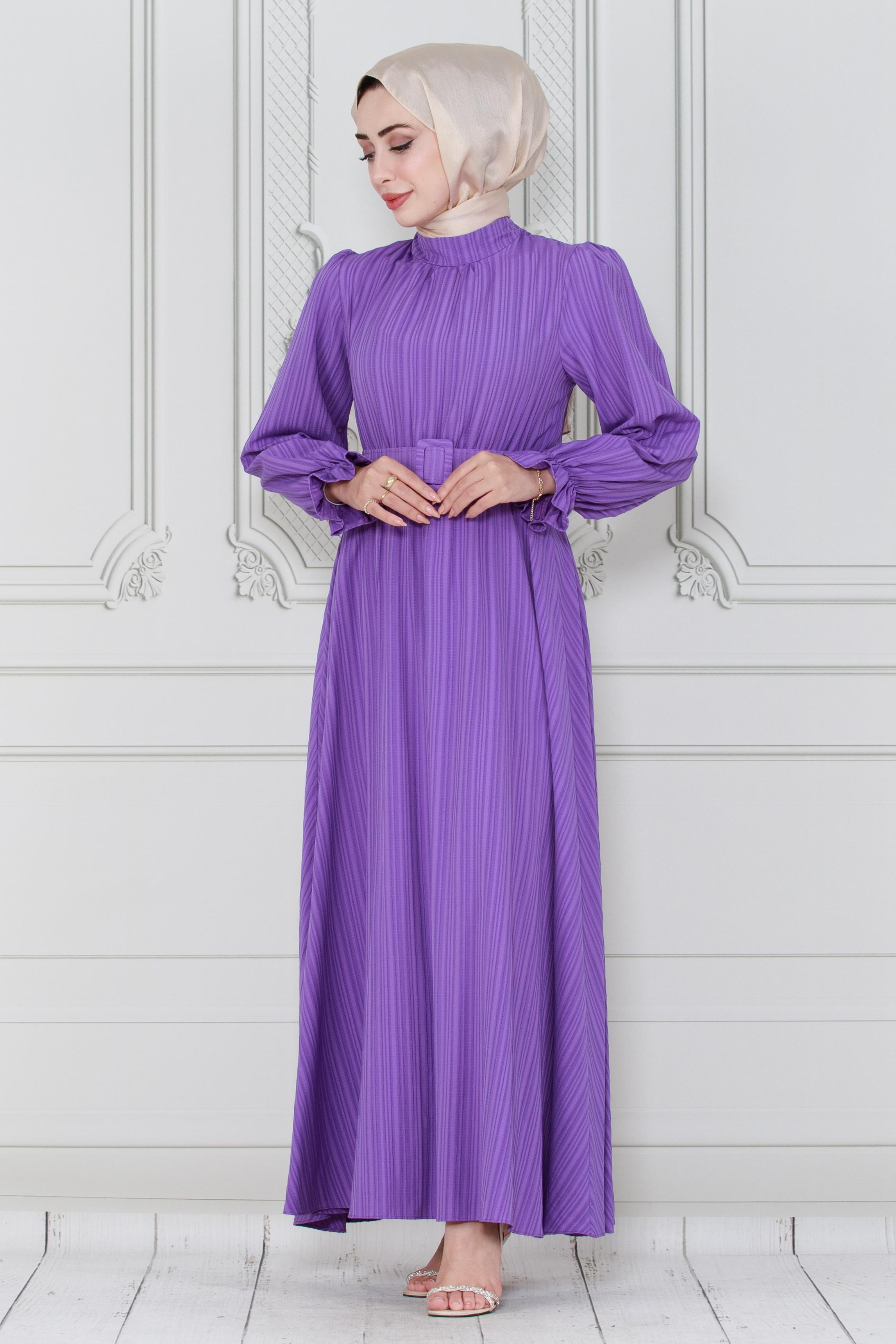 فستان حجاب بحزام- بنفسجي اللون