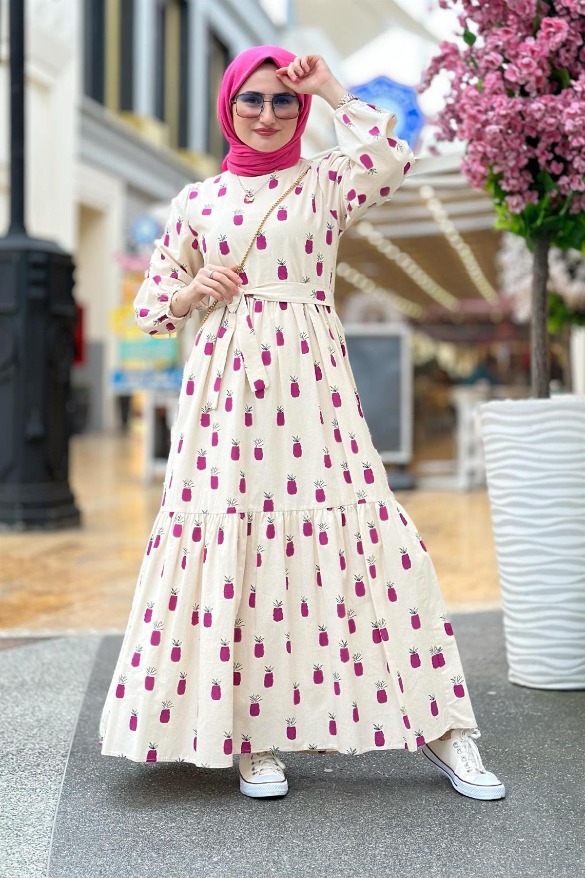 Linen Pineapple-Patterned Long Dress-Lilac