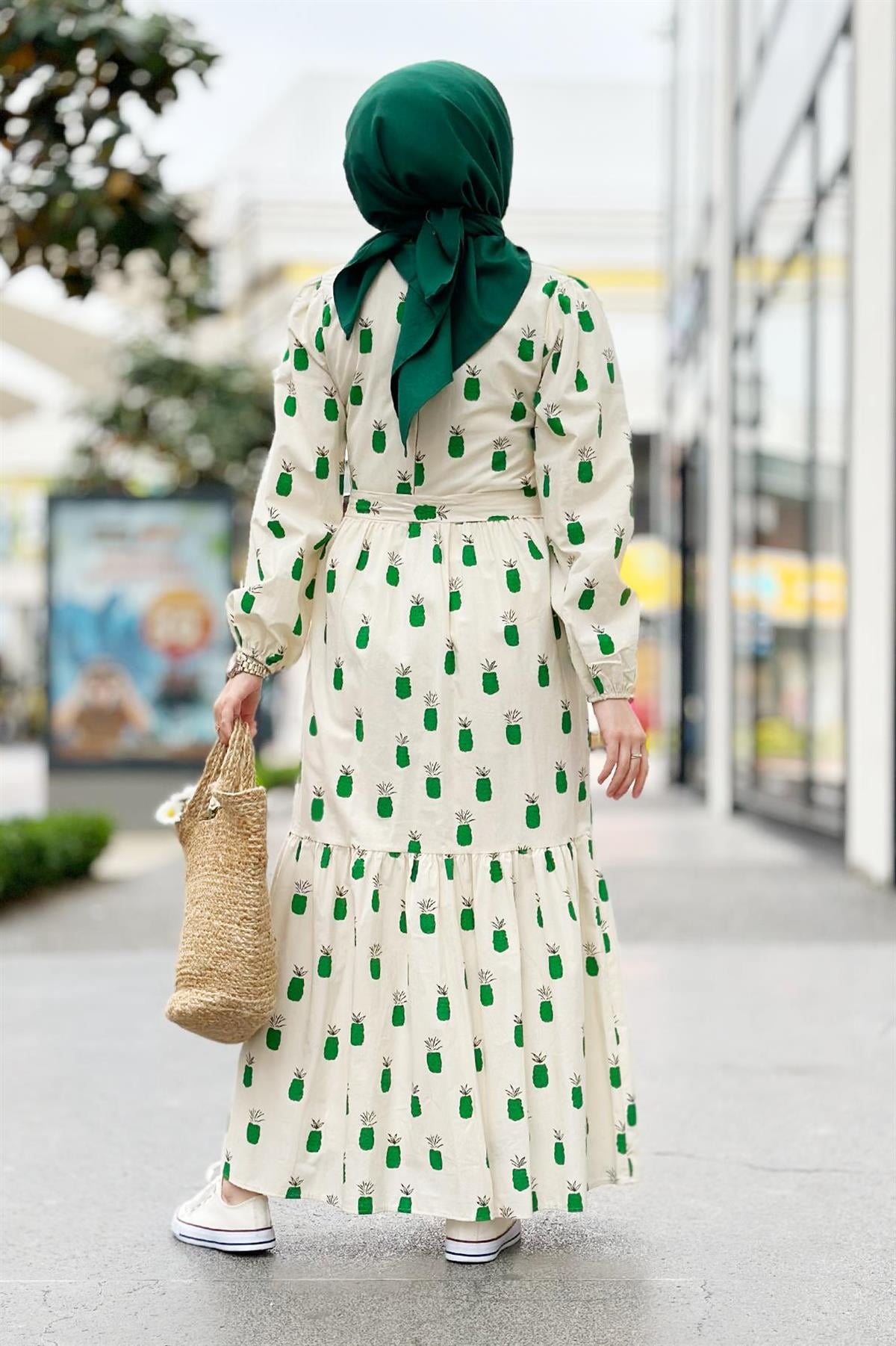Linen Pineapple-Patterned Long Dress-Green