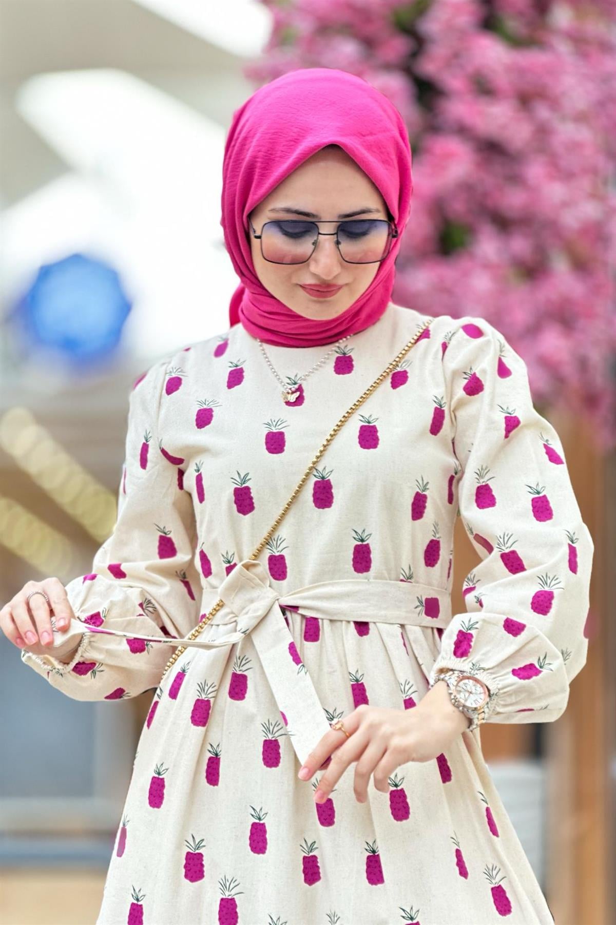 Linen Pineapple-Patterned Long Dress-Lilac