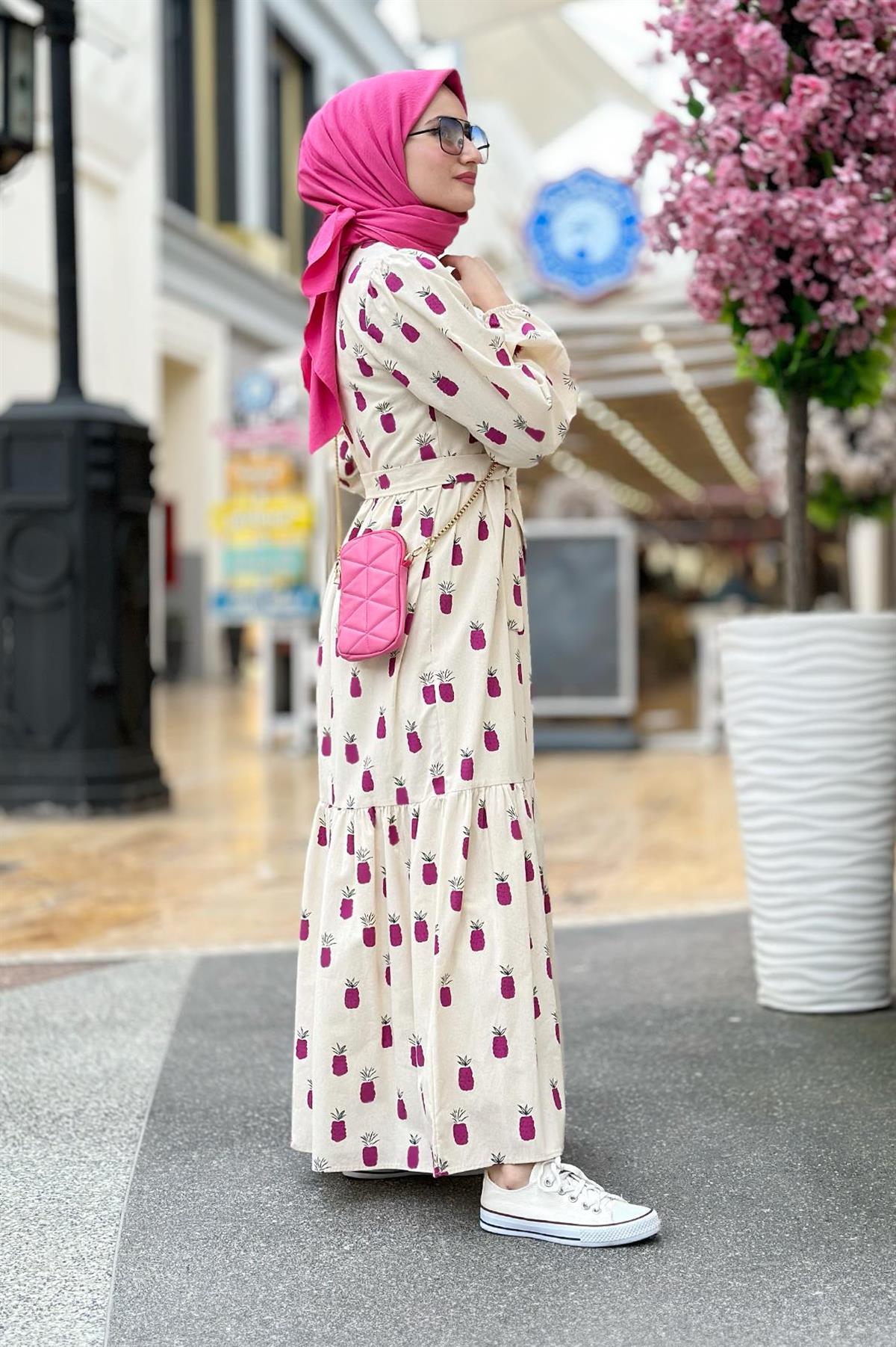 Linen Pineapple-Patterned Long Dress-Lilac