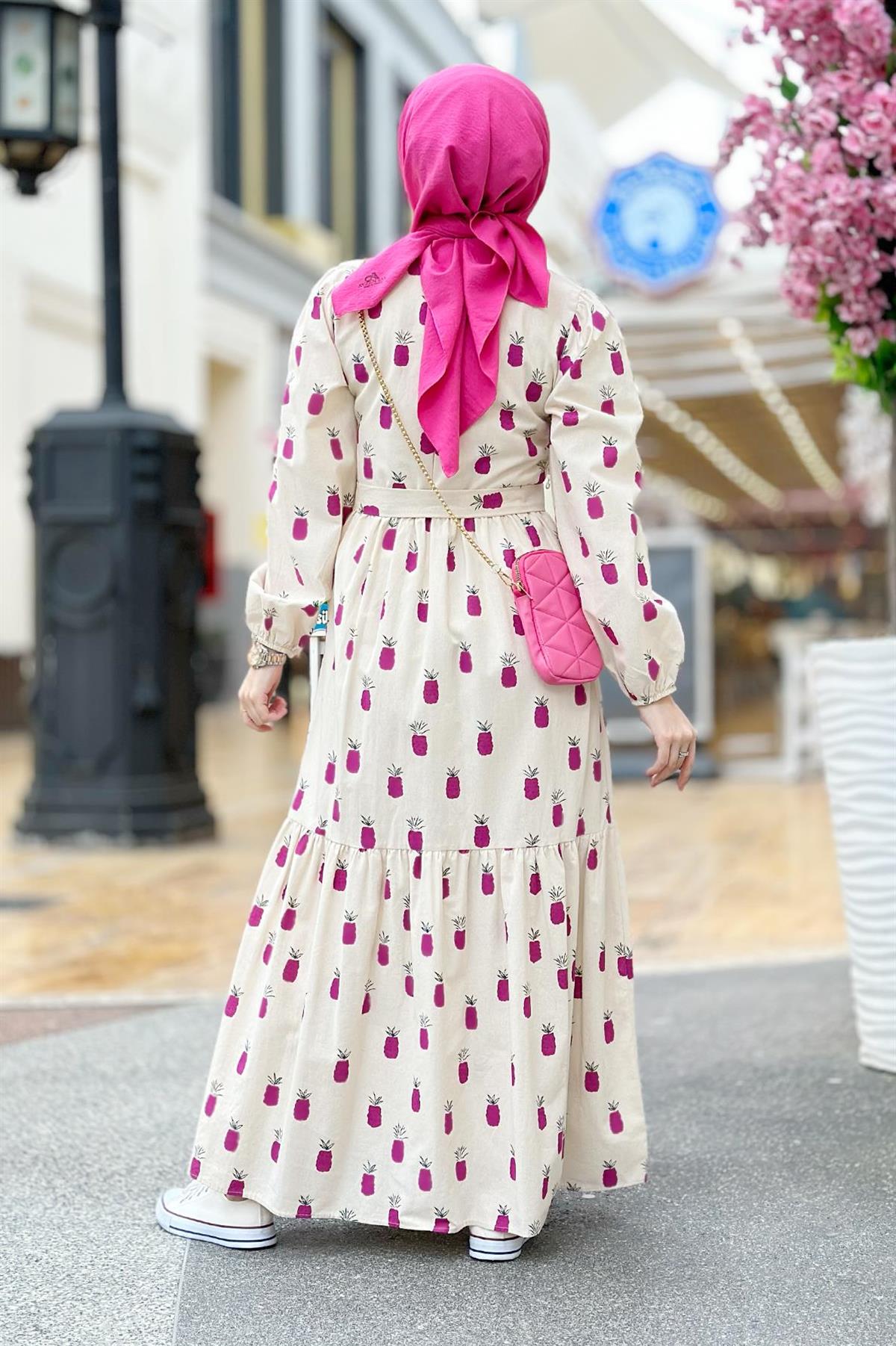 Linen Pineapple-Patterned Long Dress-Lilac