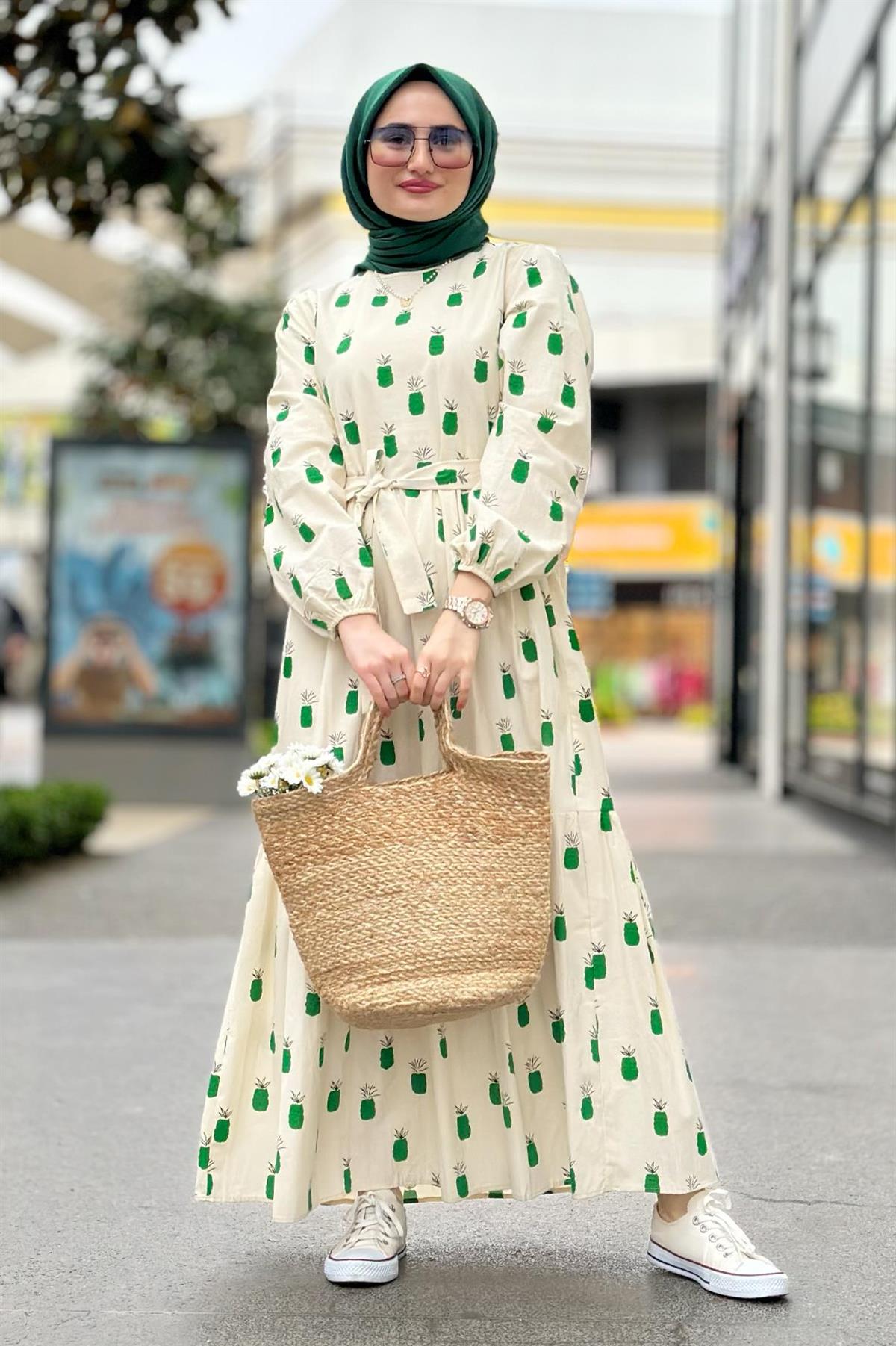 Linen Pineapple-Patterned Long Dress-Green
