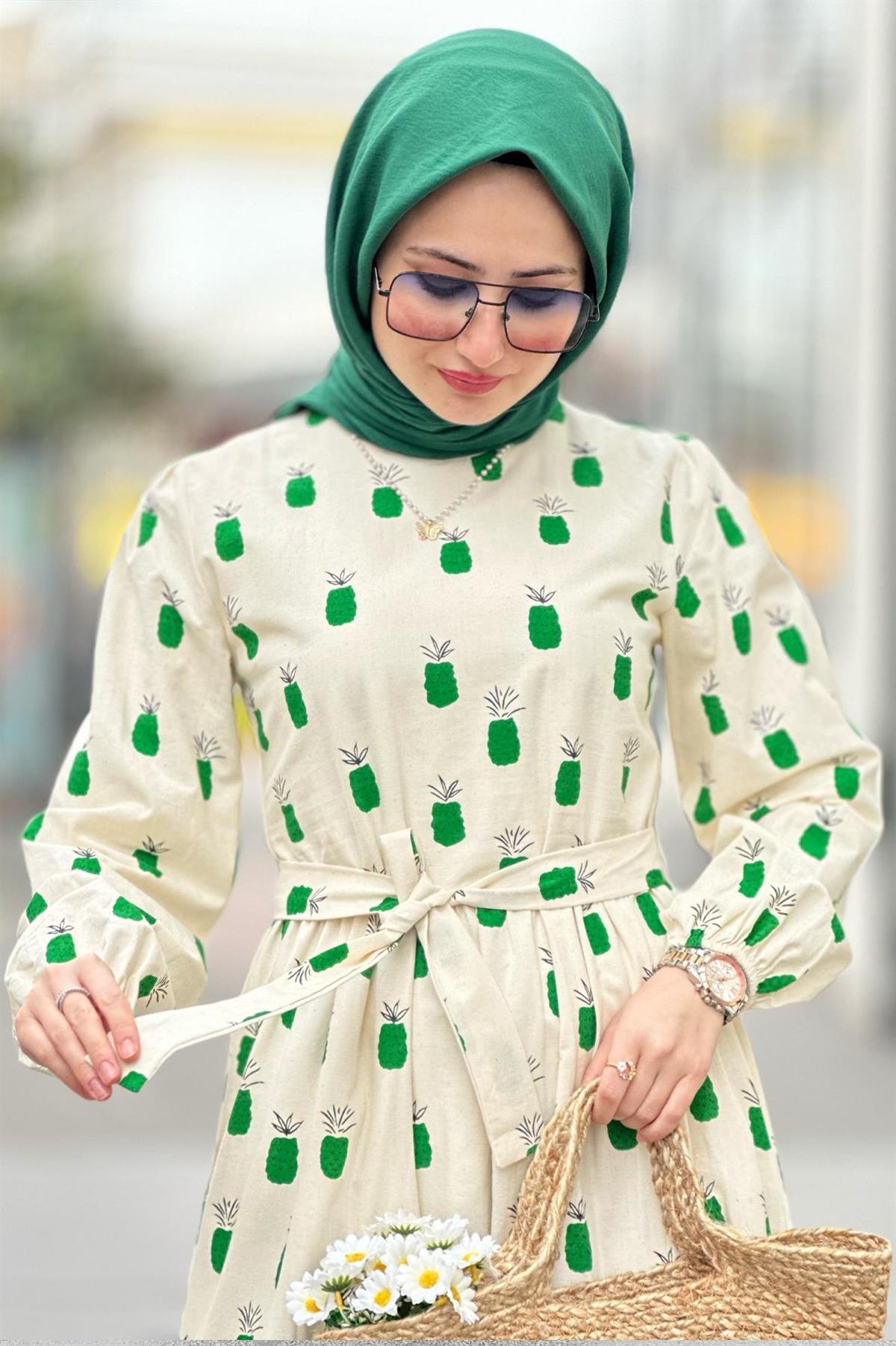 Linen Pineapple-Patterned Long Dress-Green