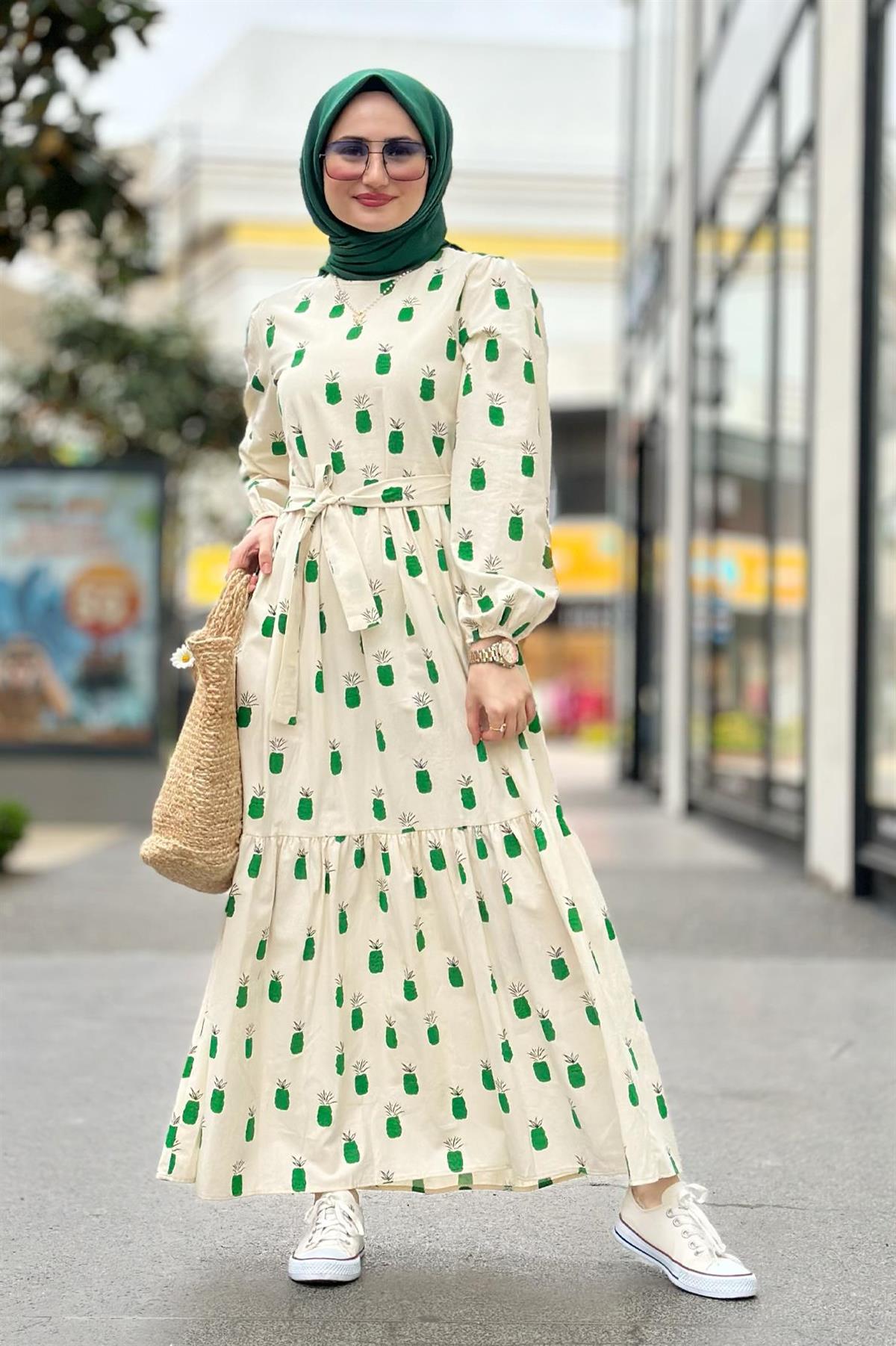 Linen Pineapple-Patterned Long Dress-Green