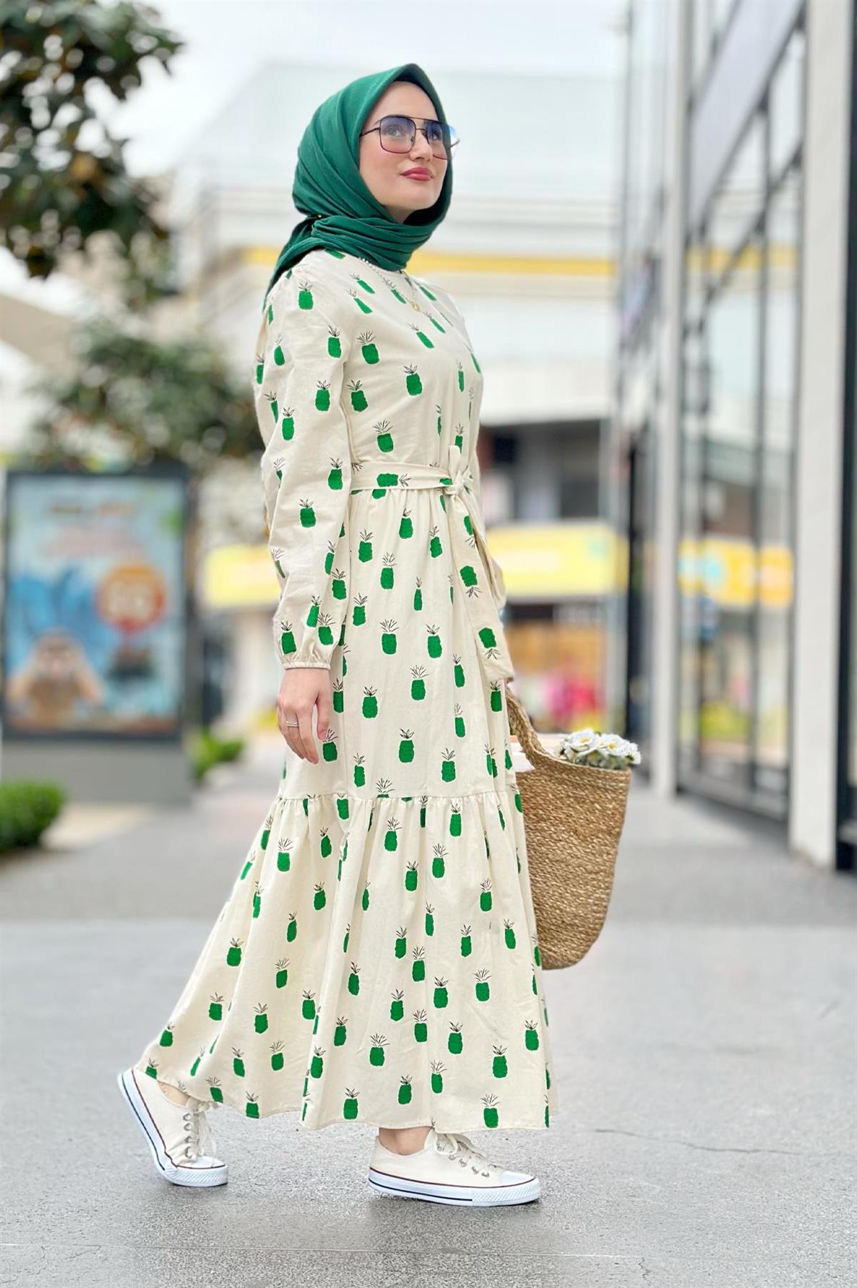 Linen Pineapple-Patterned Long Dress-Green