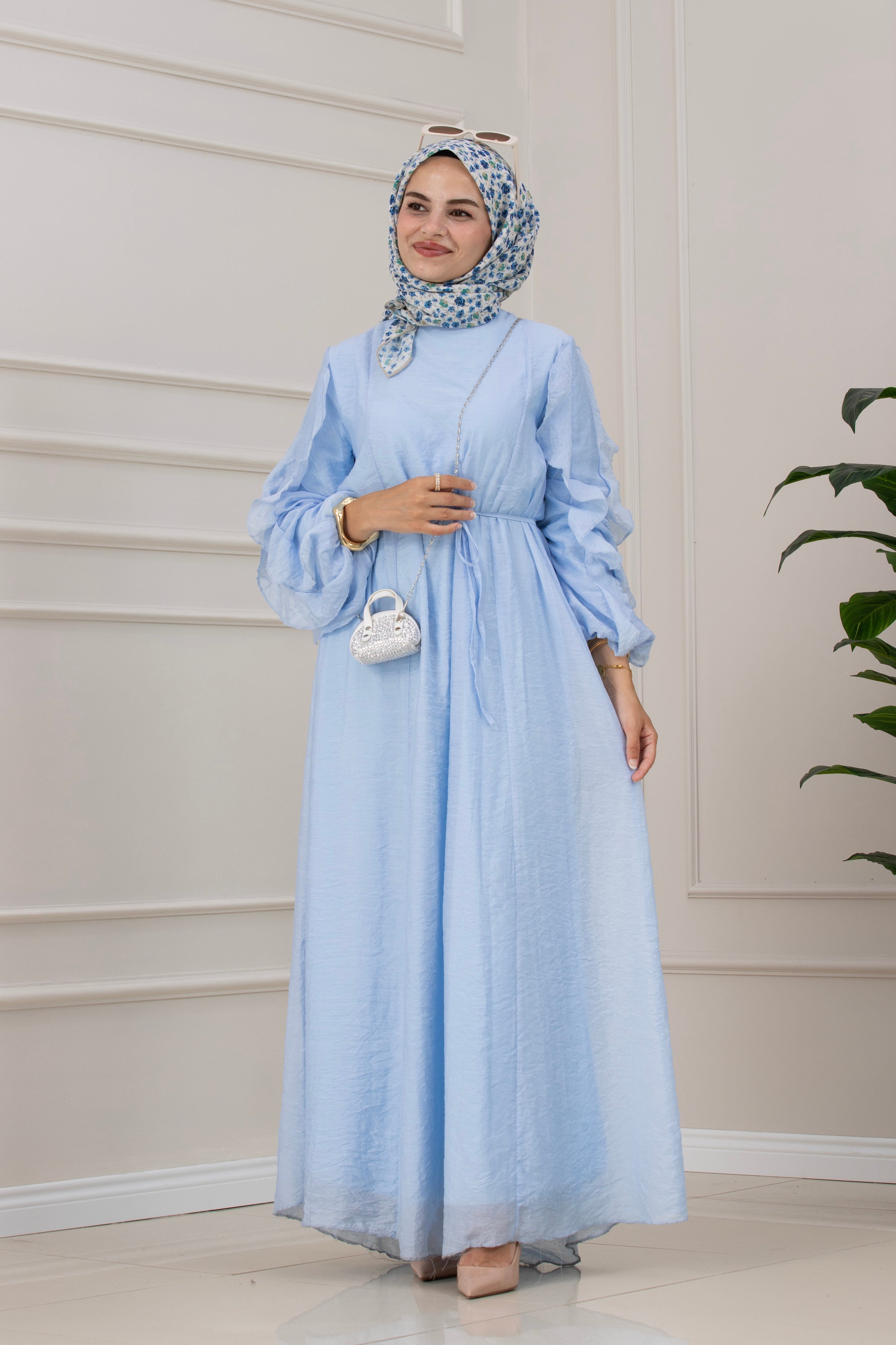 Kolları Fırfır Detaylı Simay Elbise-BEBE MAVİ