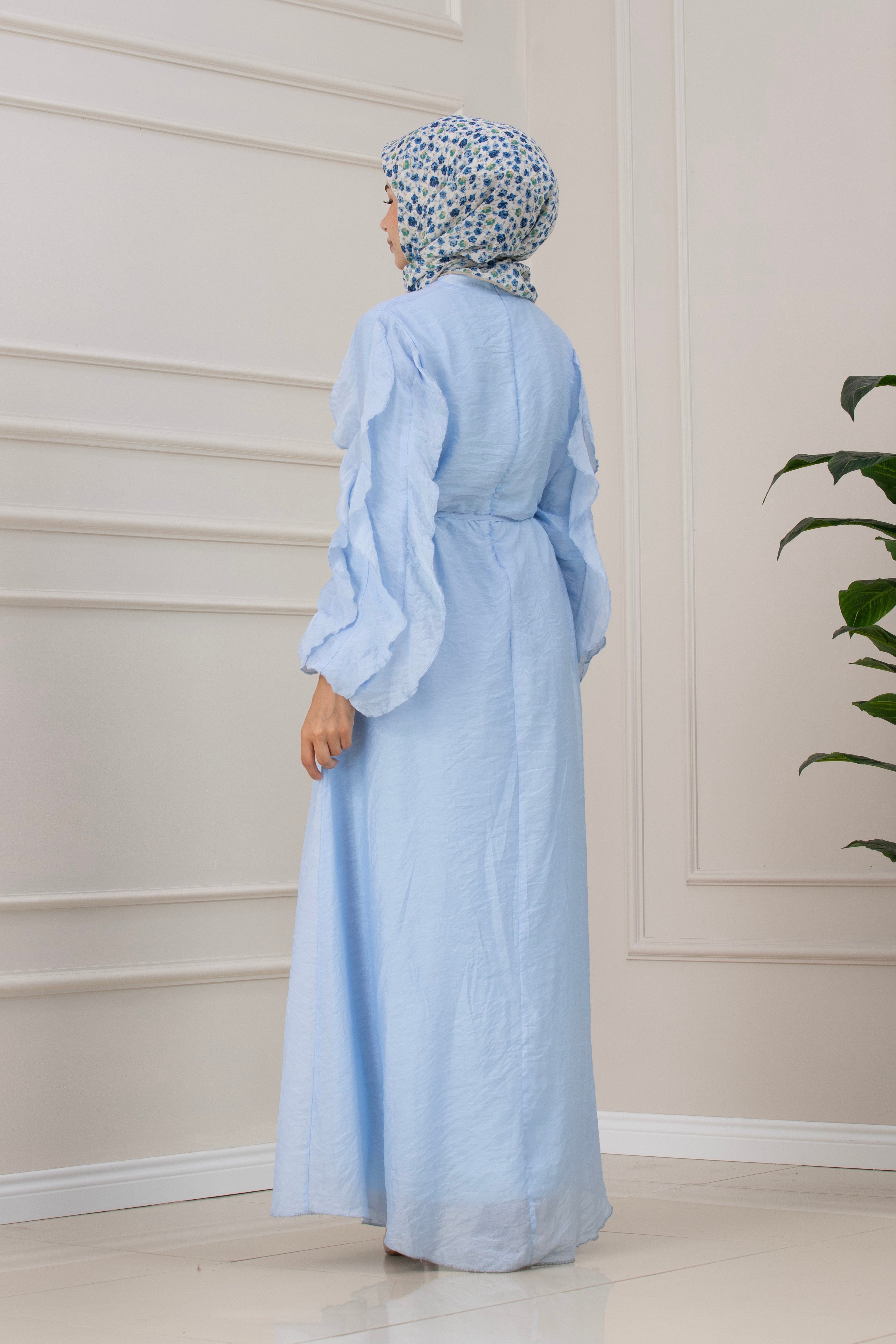 Kolları Fırfır Detaylı Simay Elbise-BEBE MAVİ