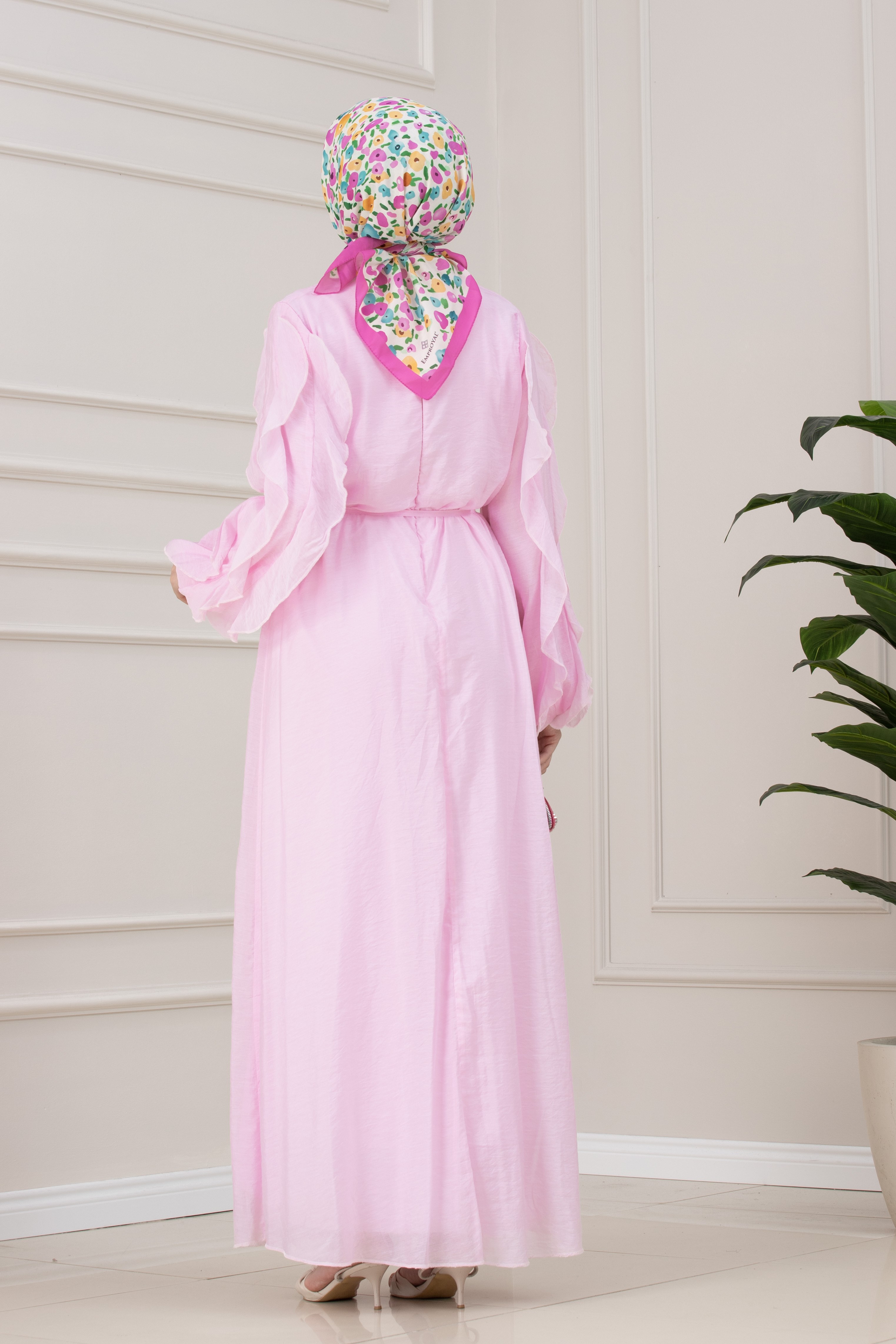 Kolları Fırfır Detaylı Simay Elbise-PEMBE