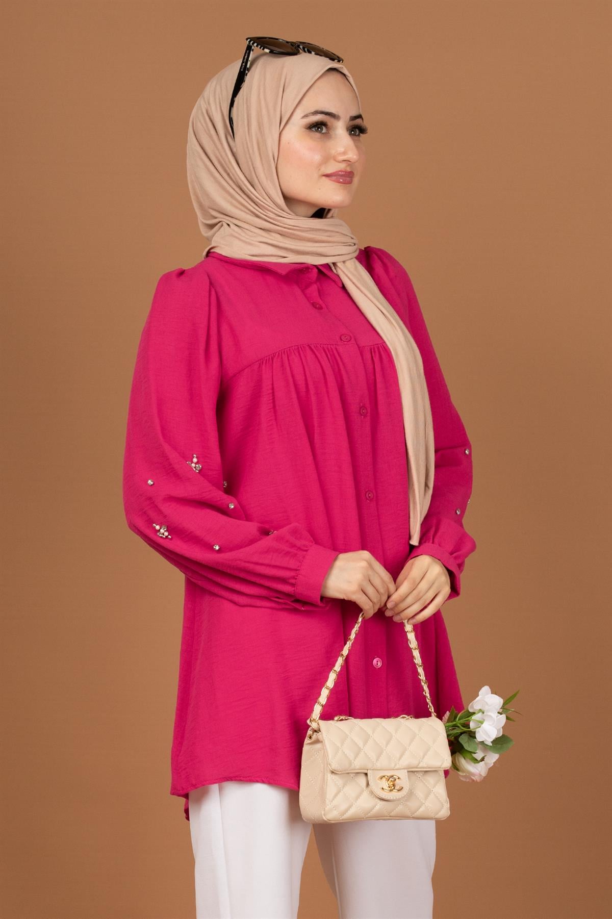 Kolu incili Tunik-Fuşya