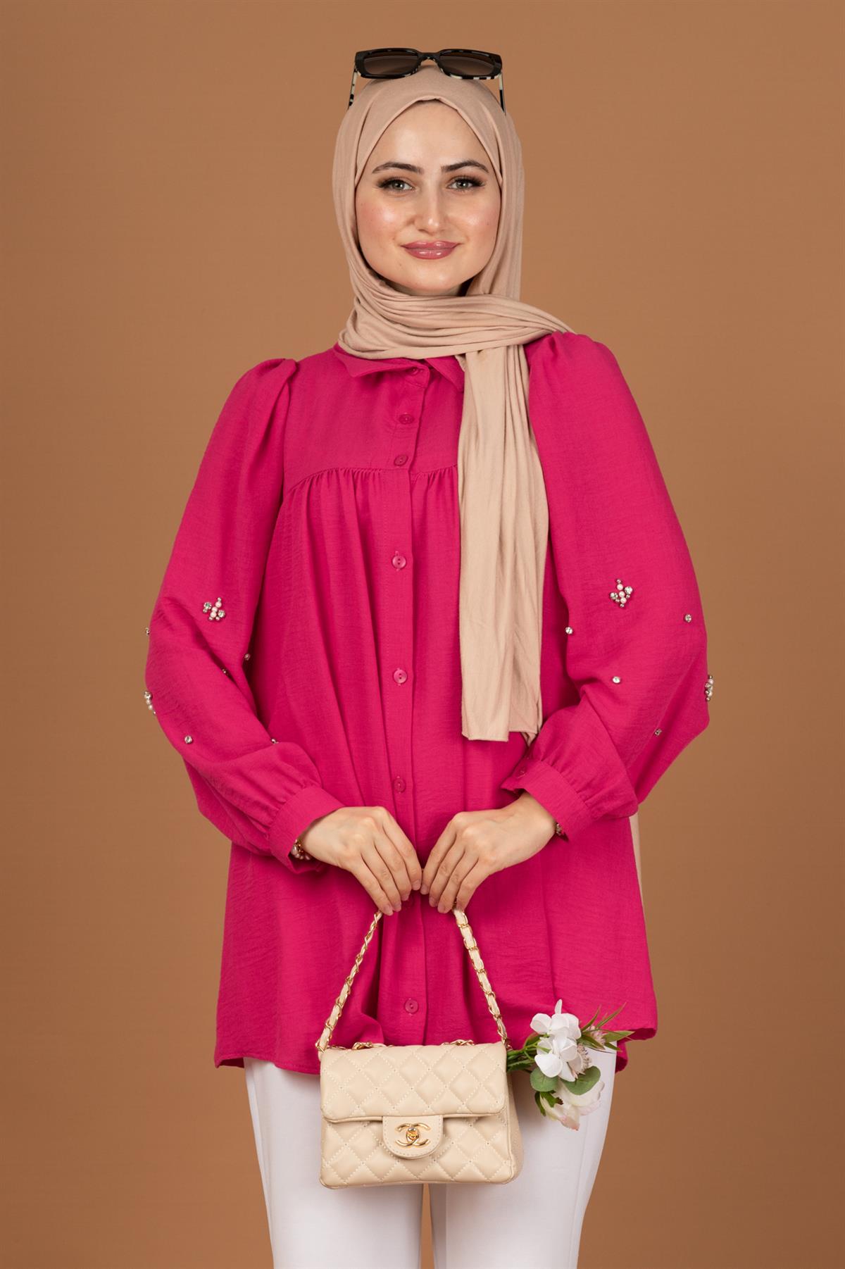 Kolu incili Tunik-Fuşya