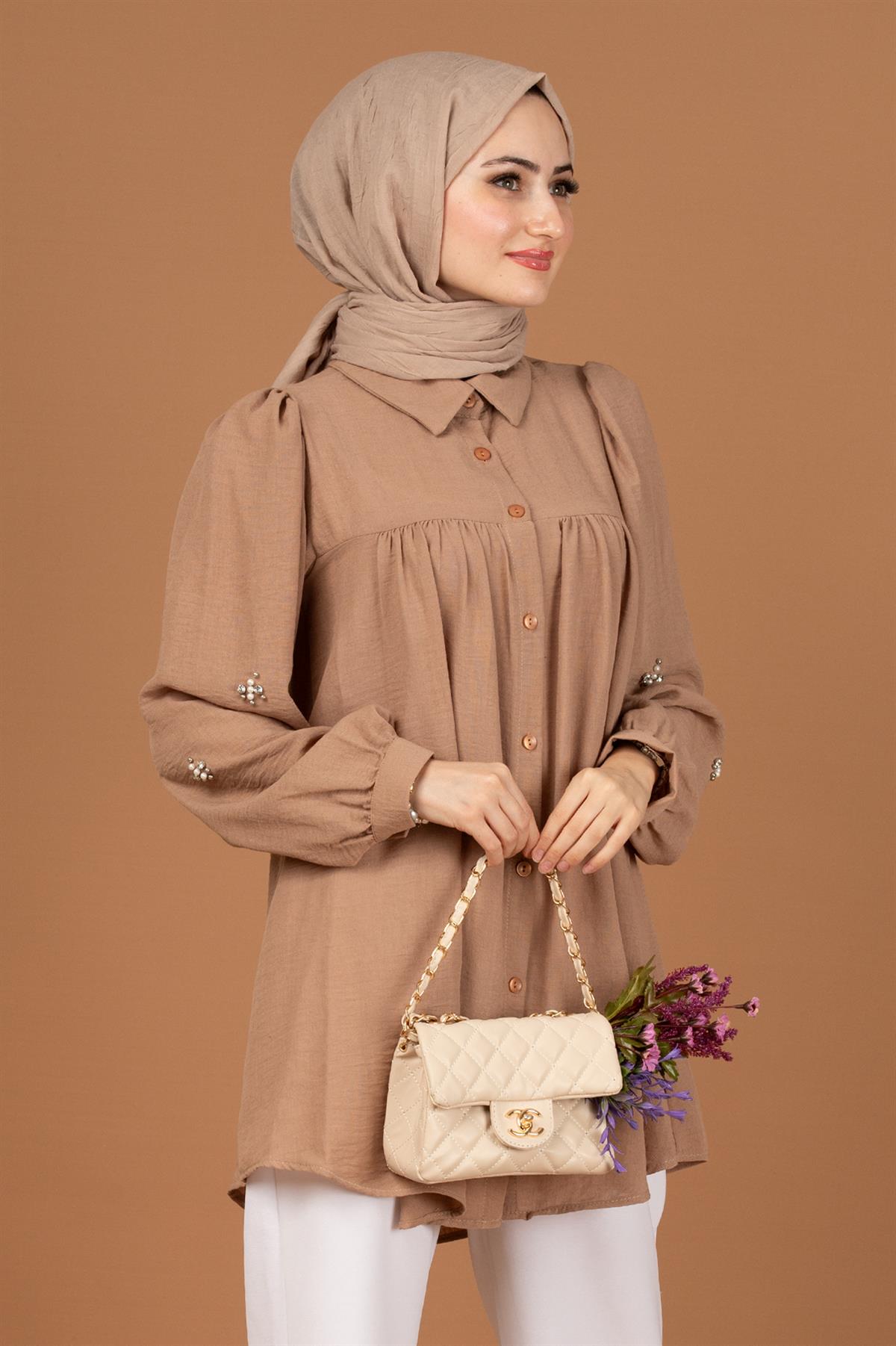 Arm Pearl Detailed Tunic-Mink
