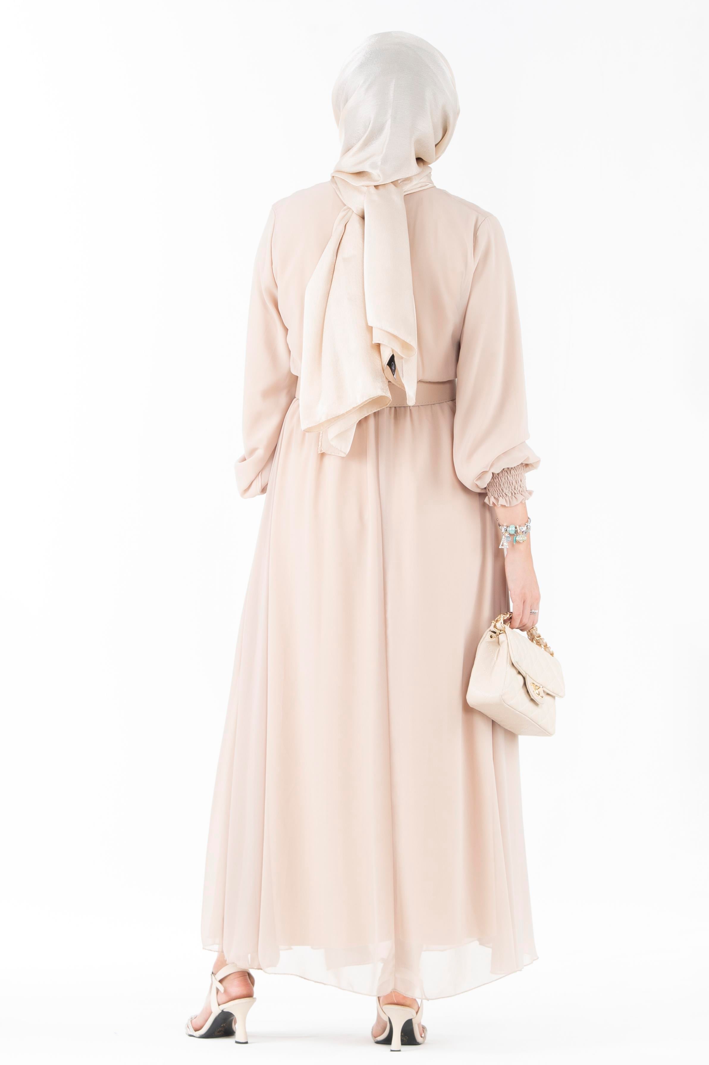 Elastic Sleeve Chiffon Dress - Beige