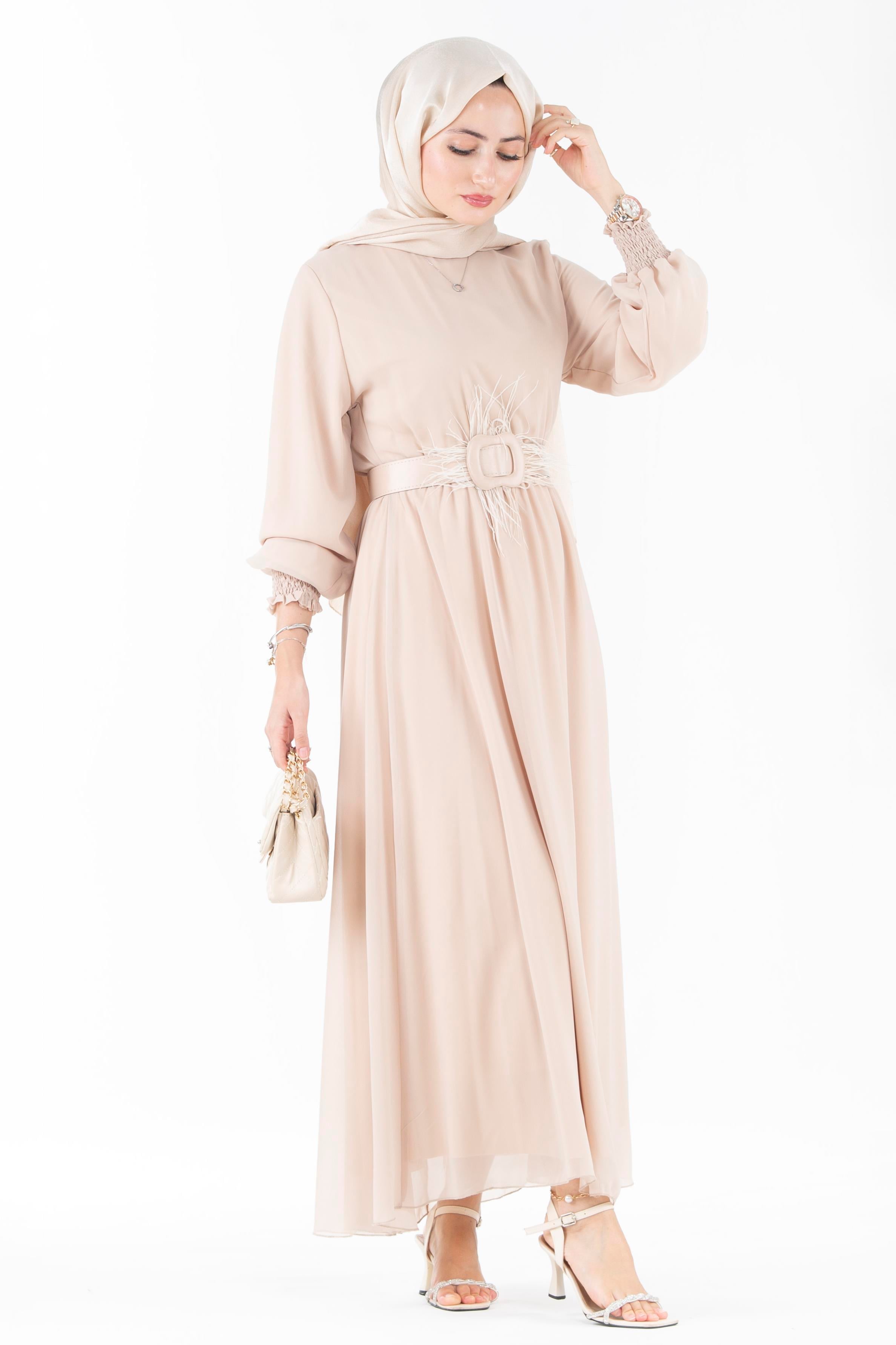 Elastic Sleeve Chiffon Dress - Beige