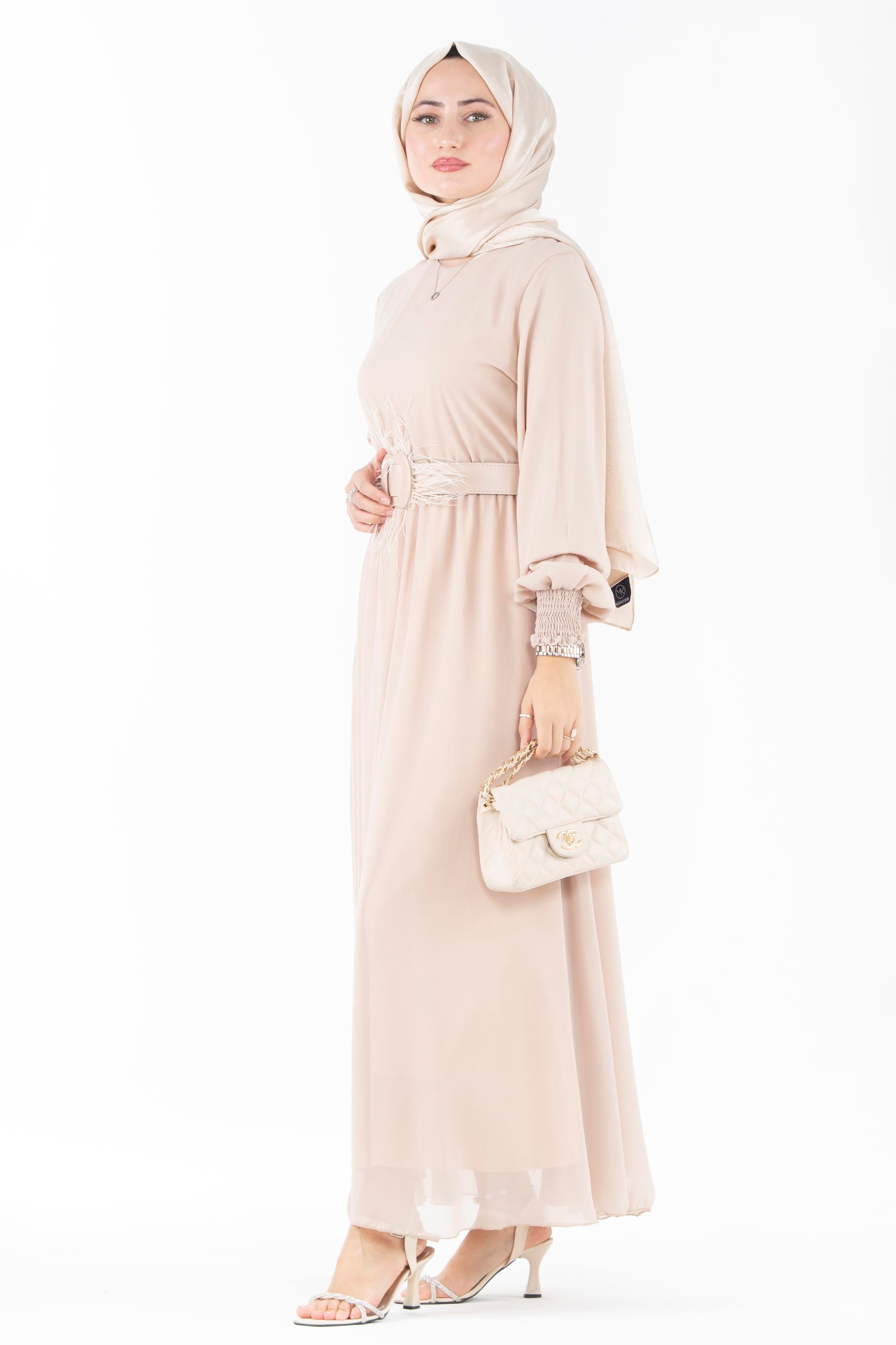 Elastic Sleeve Chiffon Dress - Beige