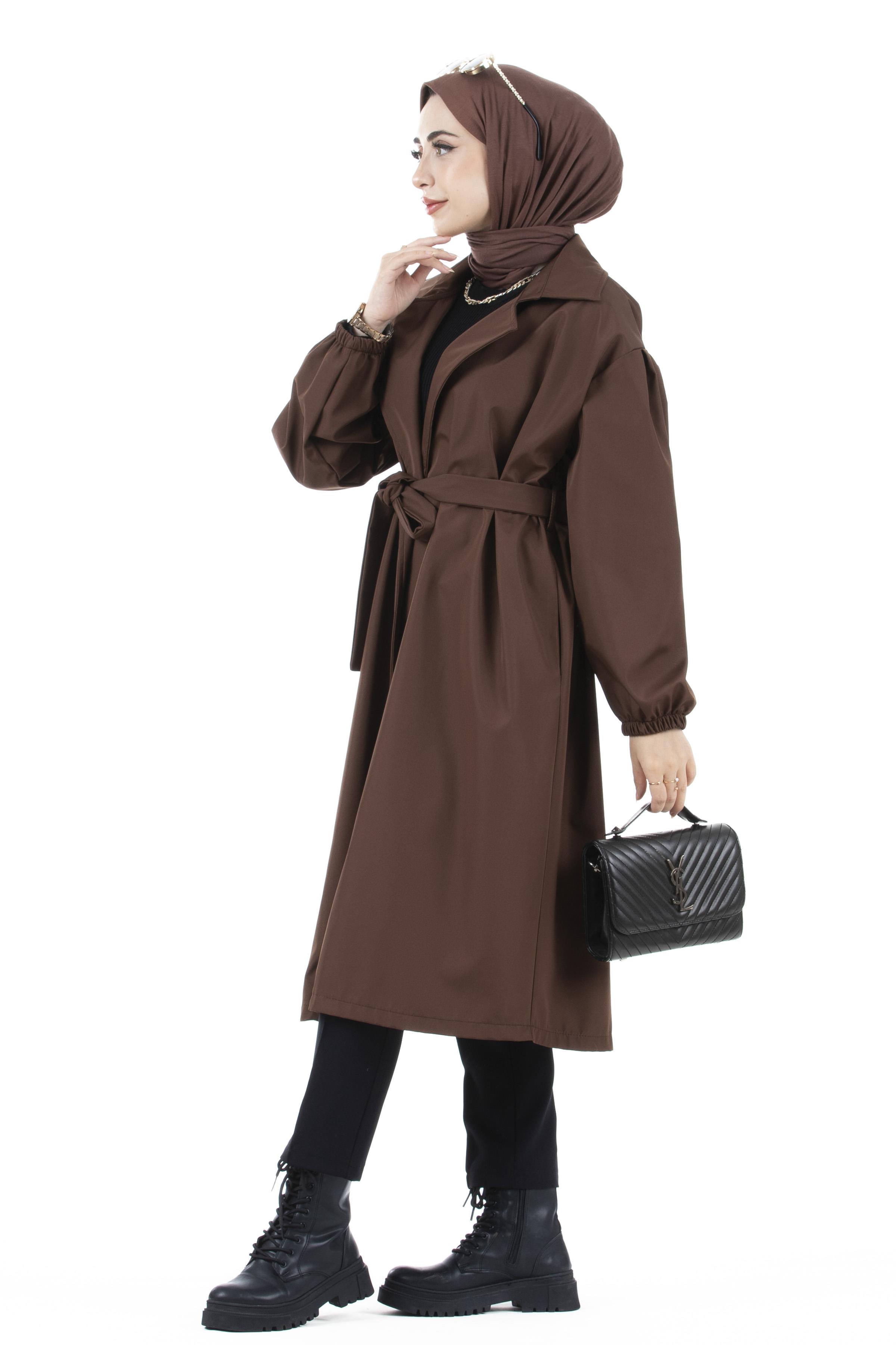 Elastic Sleeve Trench Coat-Brown