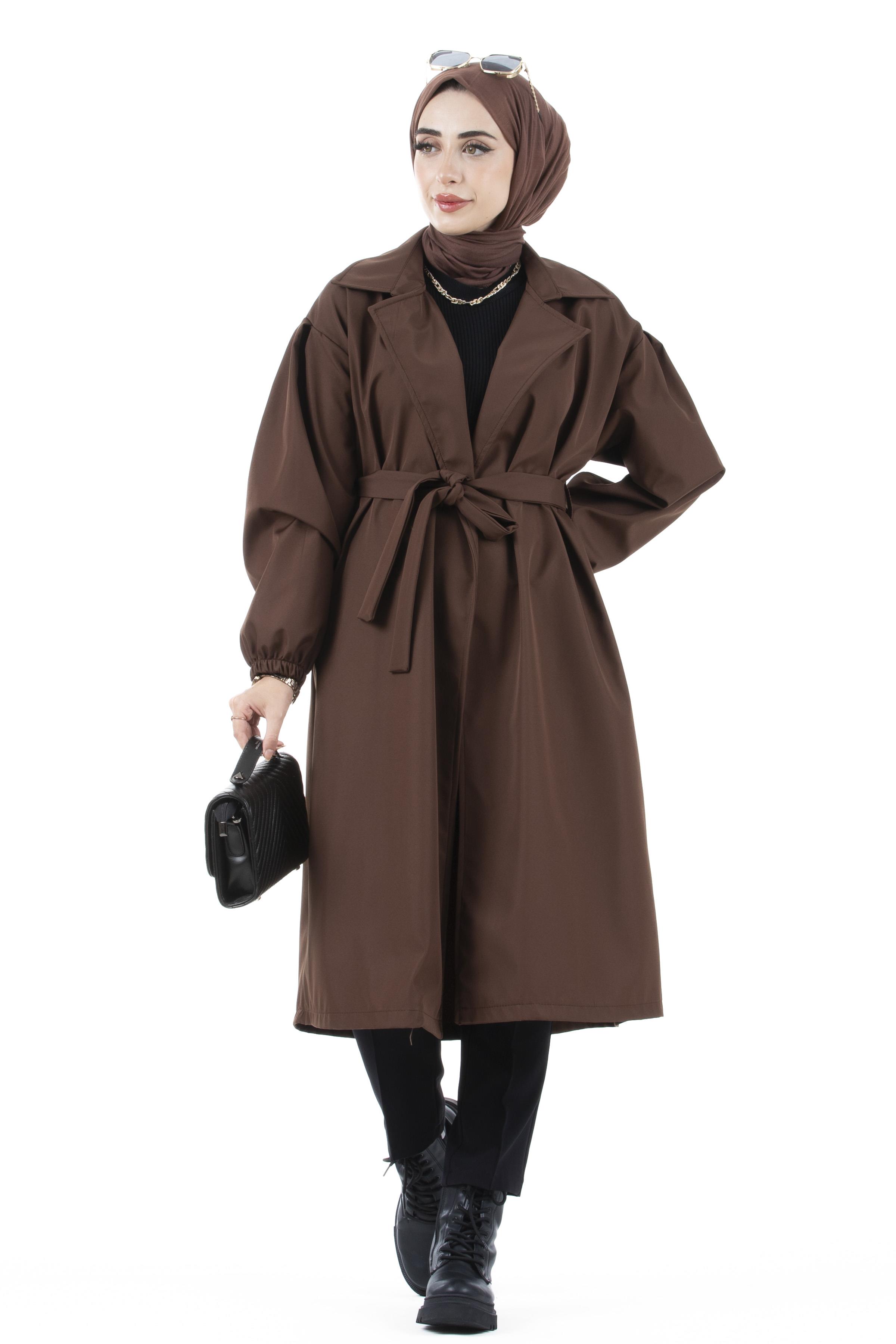 Elastic Sleeve Trench Coat-Brown