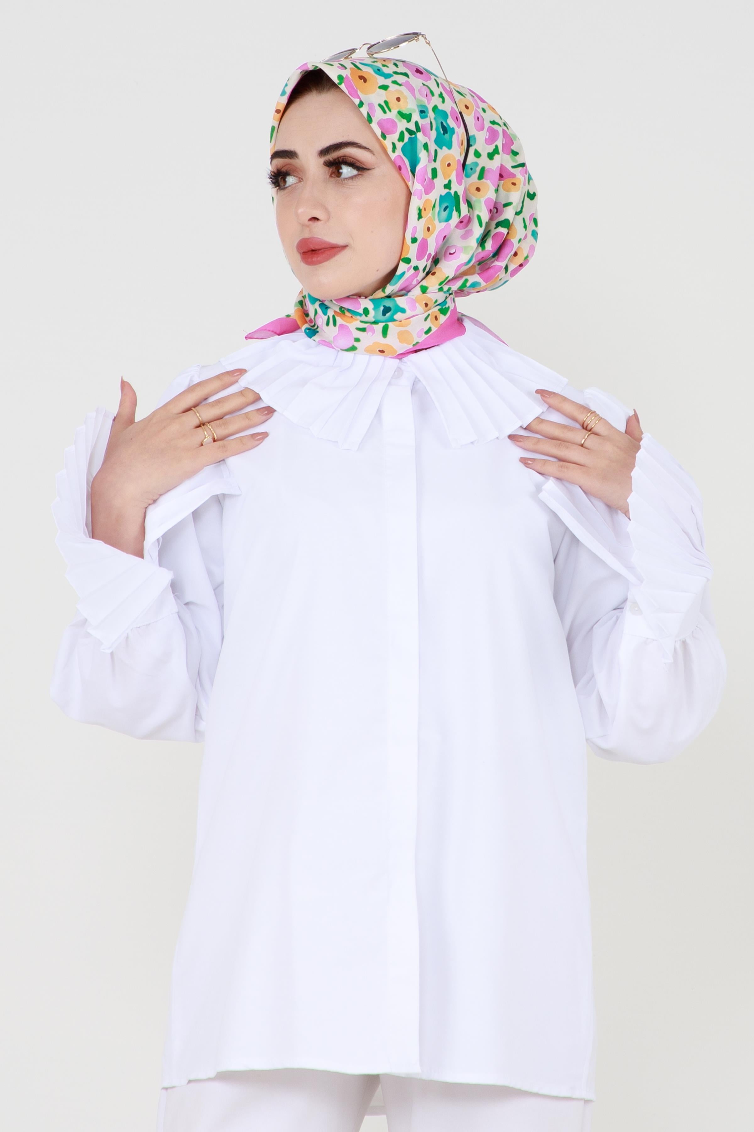 قميص بأكمام مزينة - أبيض