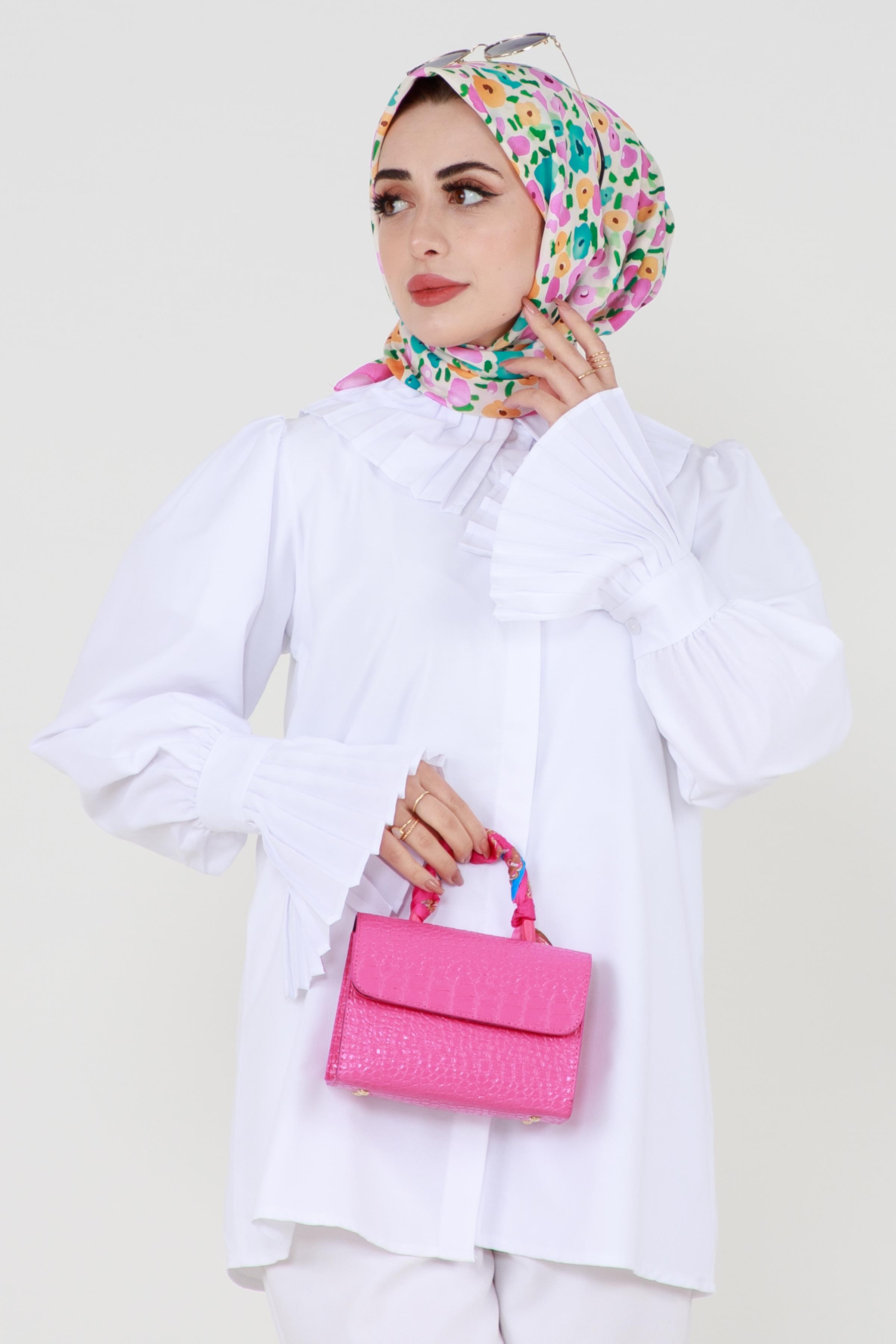قميص بأكمام مزينة - أبيض