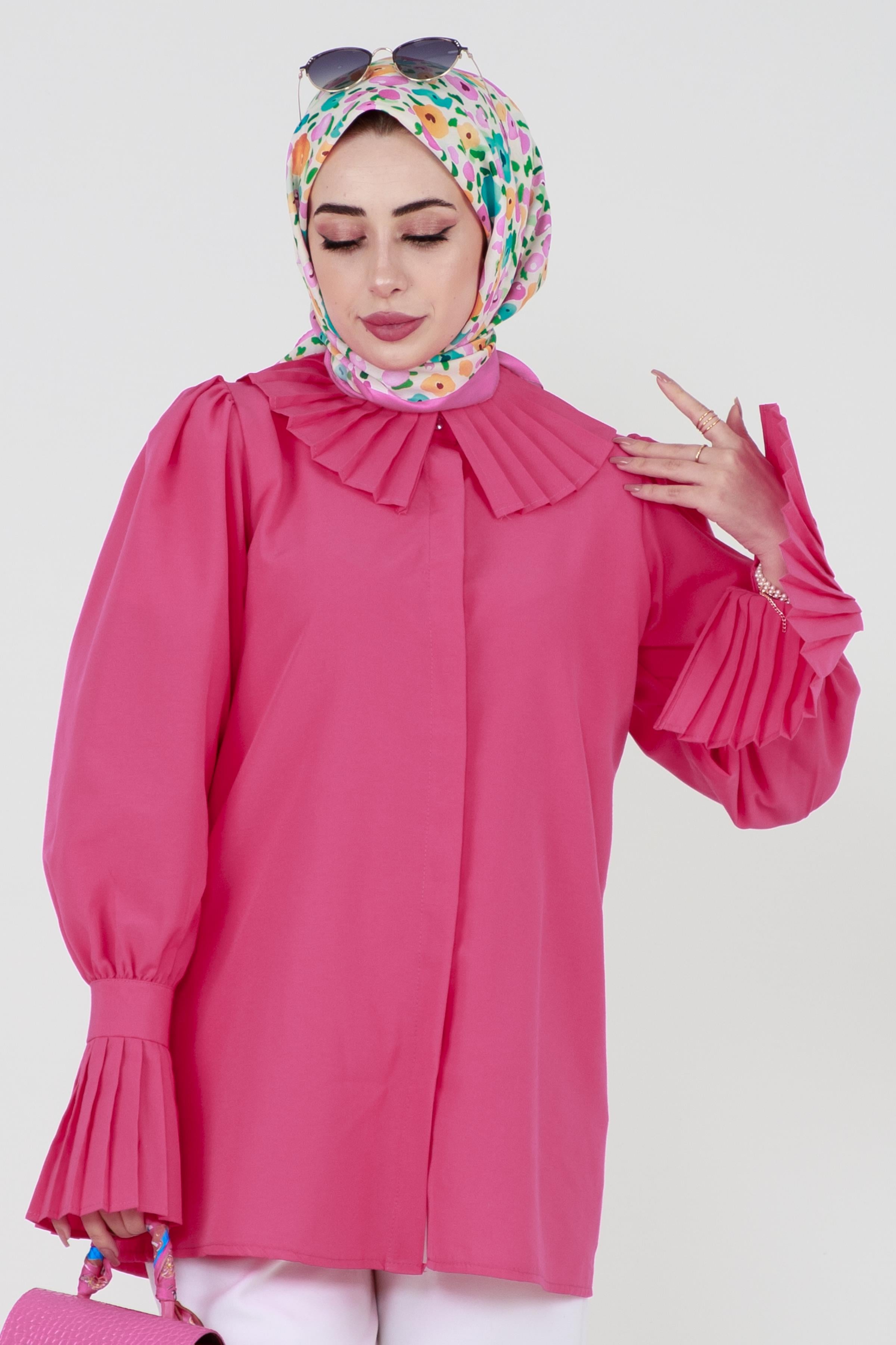 Shirt with Pleated Sleeves - Fuchsia