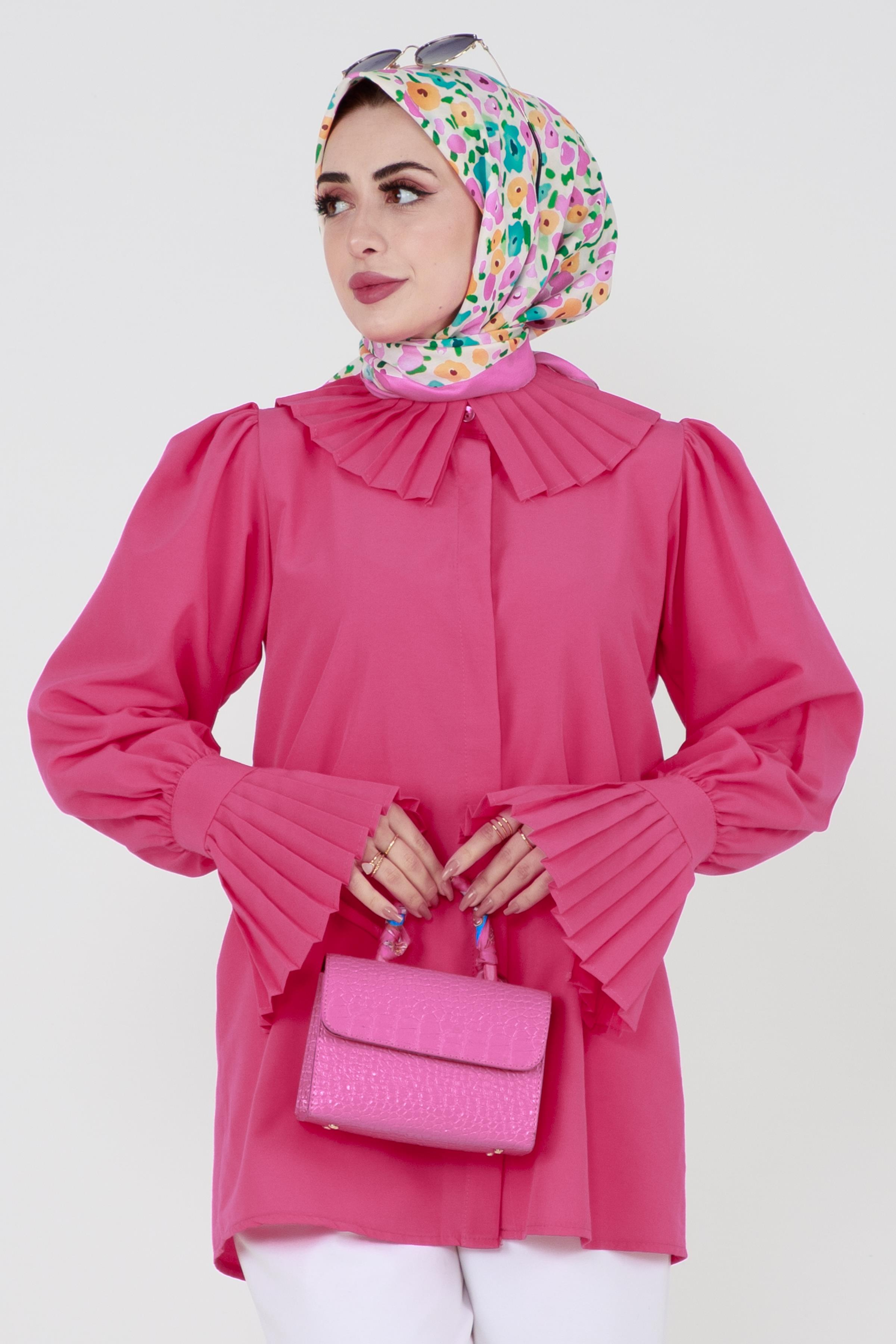 Shirt with Pleated Sleeves - Fuchsia