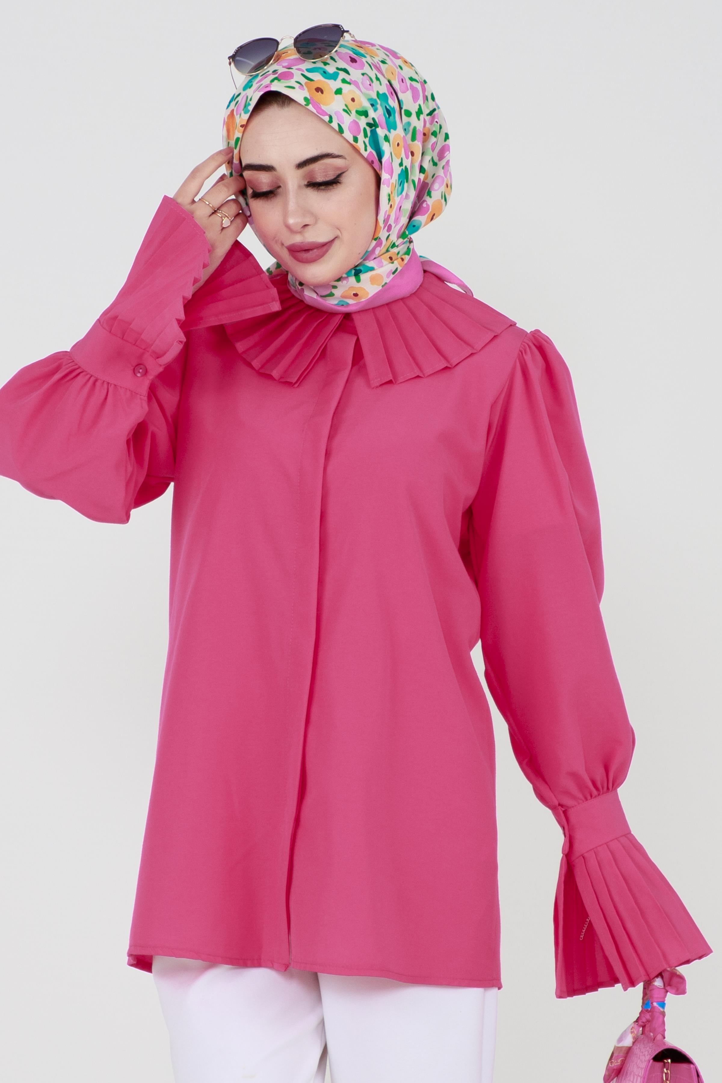 Shirt with Pleated Sleeves - Fuchsia