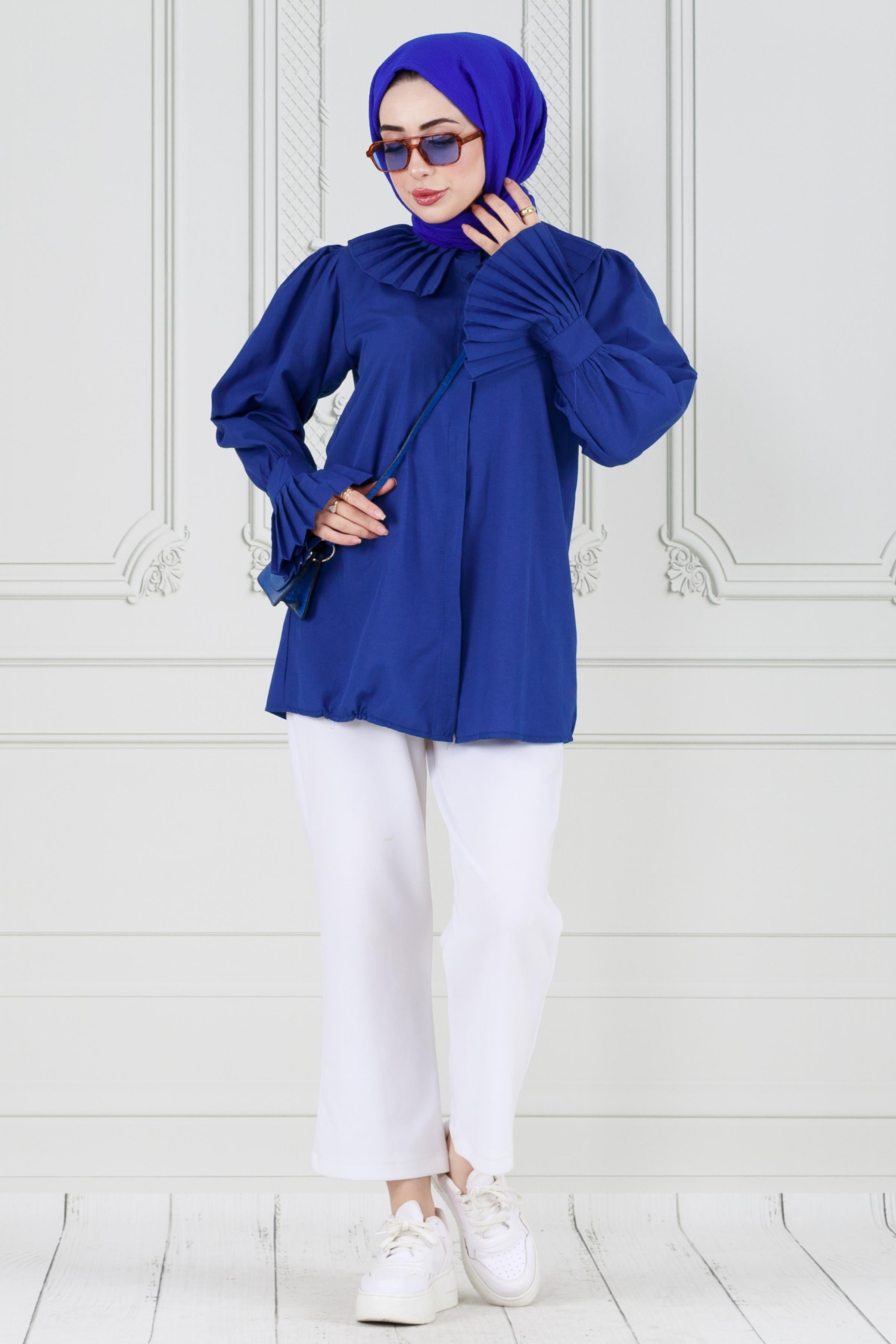 Pleated collar and sleeves shirt - navy blue