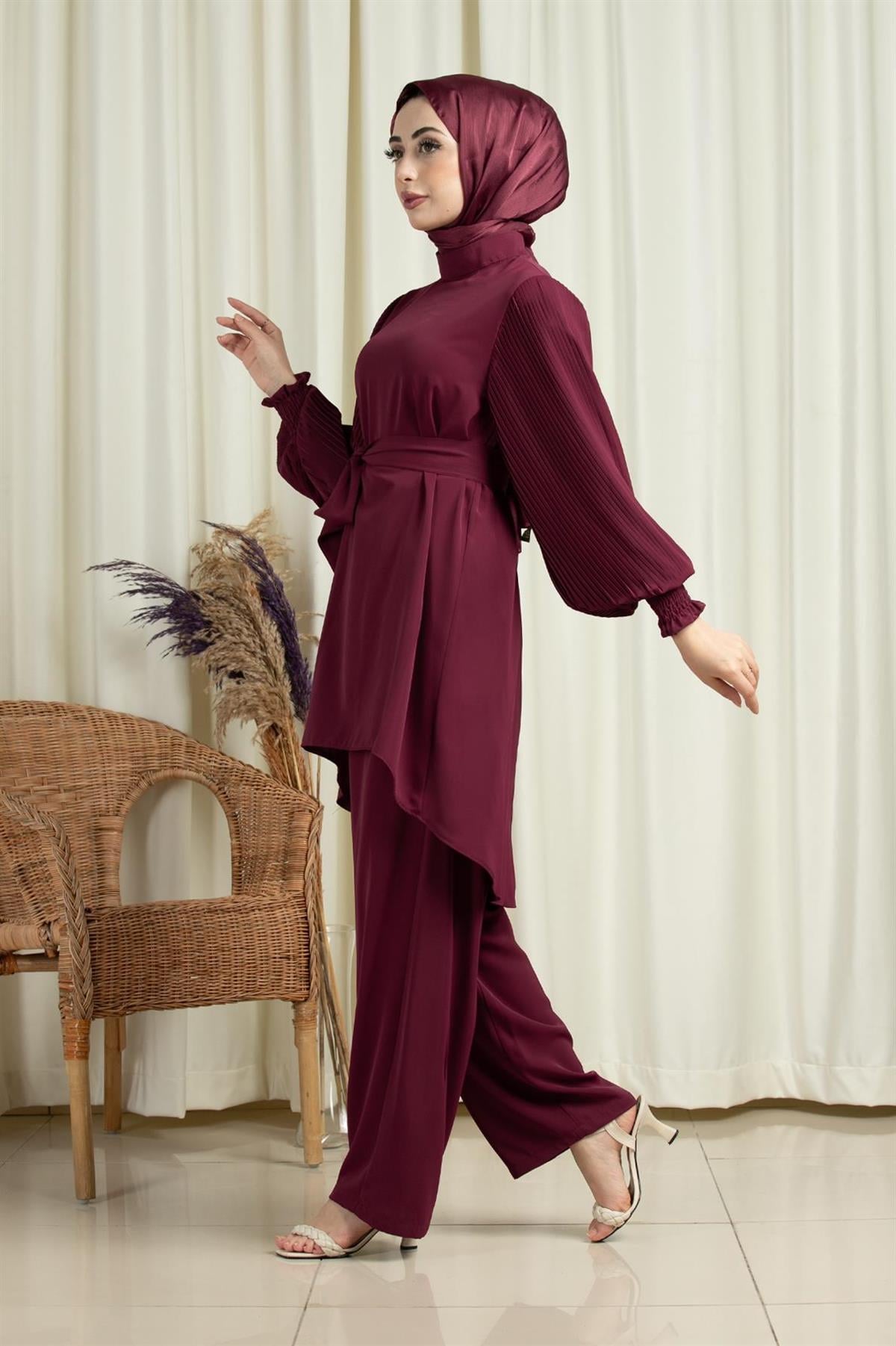 Arm Pleated Suit-plum color