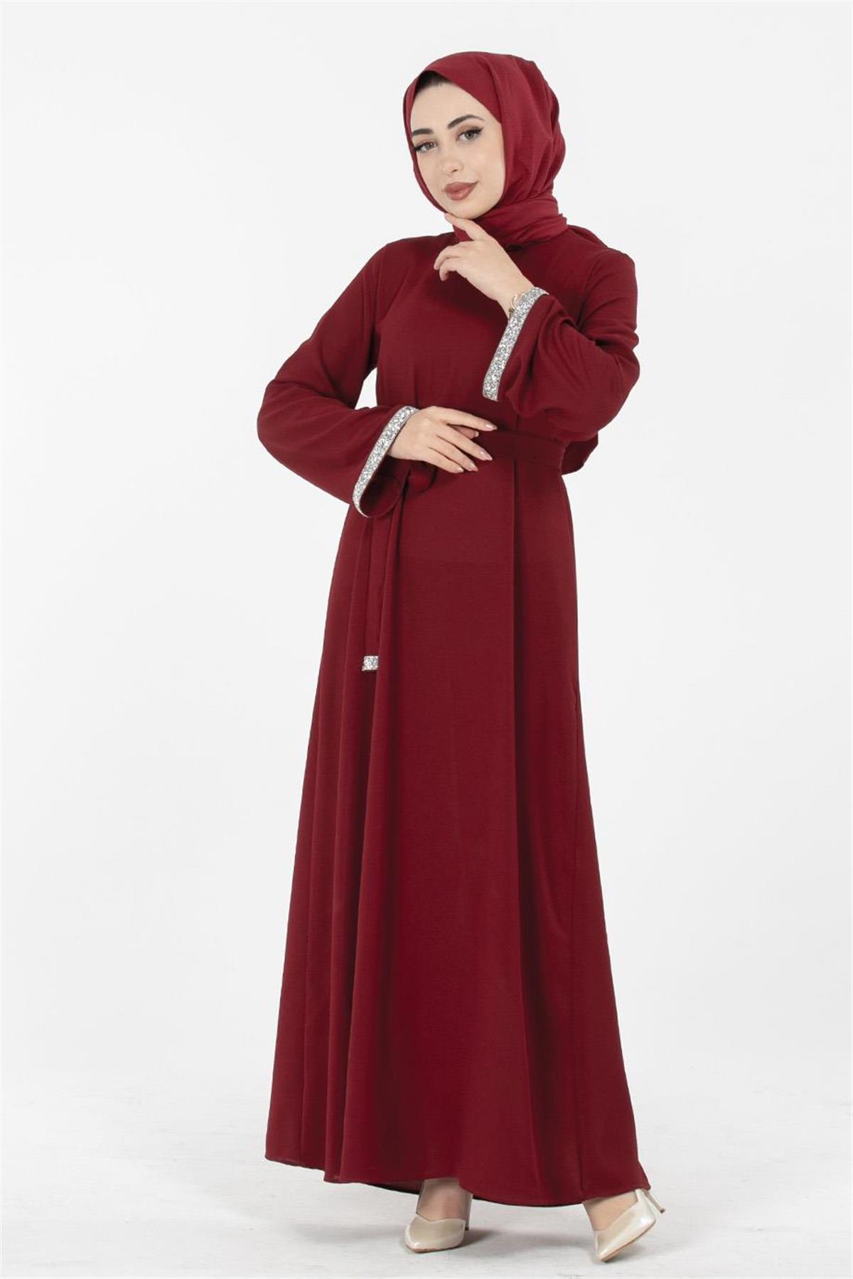 Arm Stone Embellished Dress - Burgundy