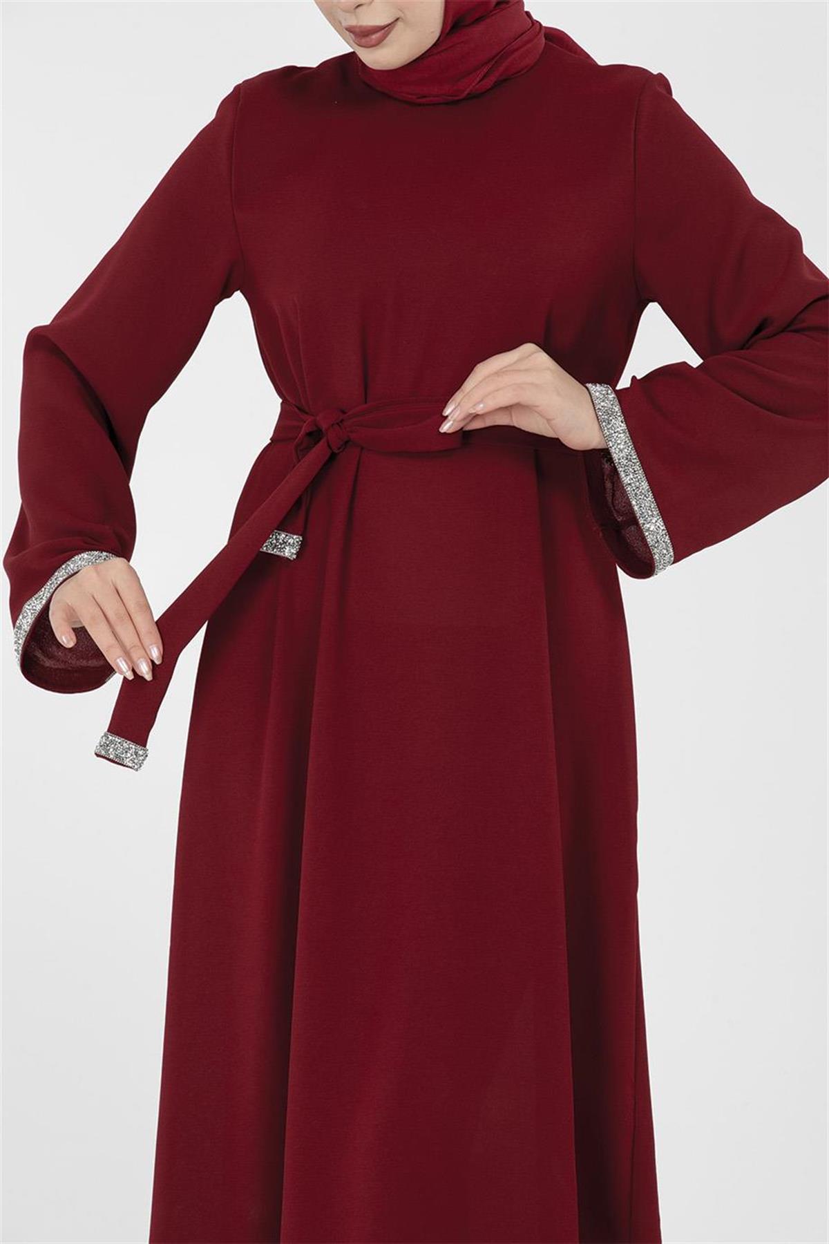 Arm Stone Embellished Dress - Burgundy