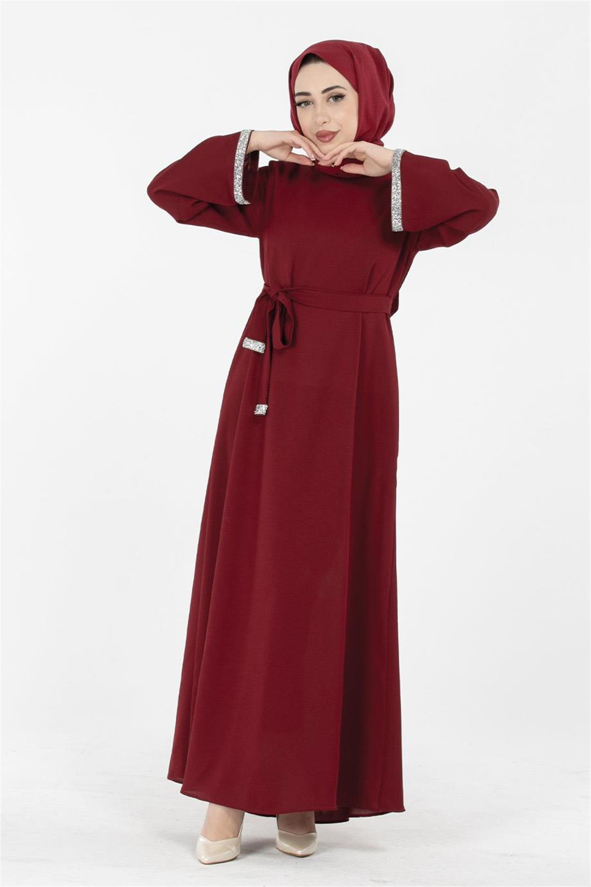 Arm Stone Embellished Dress - Burgundy
