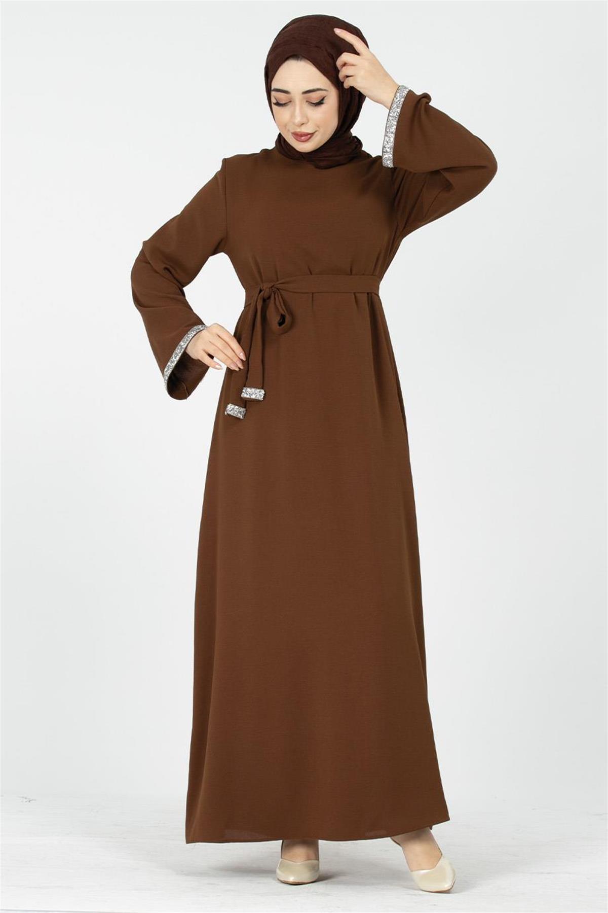 Arm Stone Embellished Dress - Brown