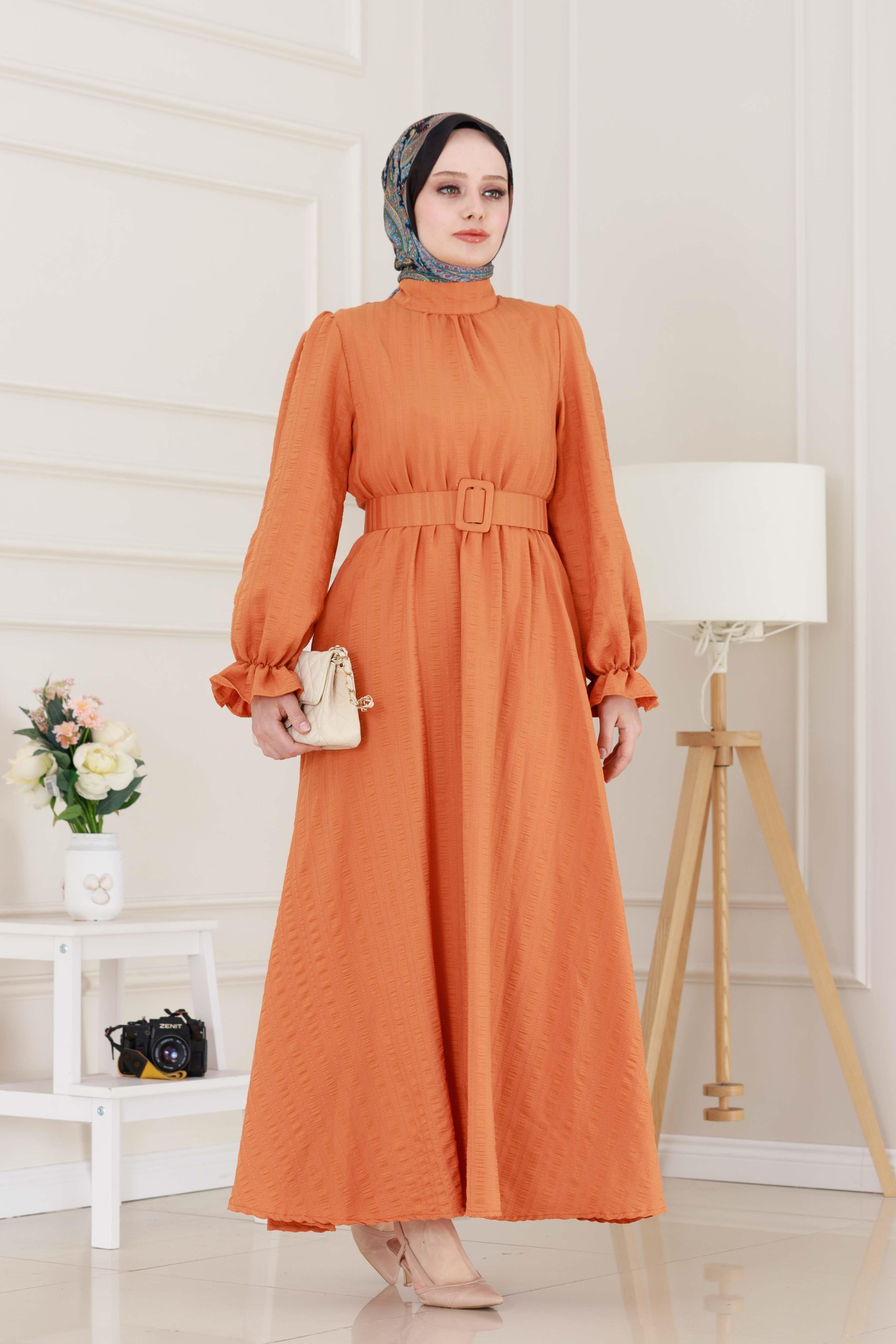 Kolu Volanlı Kemerli Henna Elbise-Turuncu