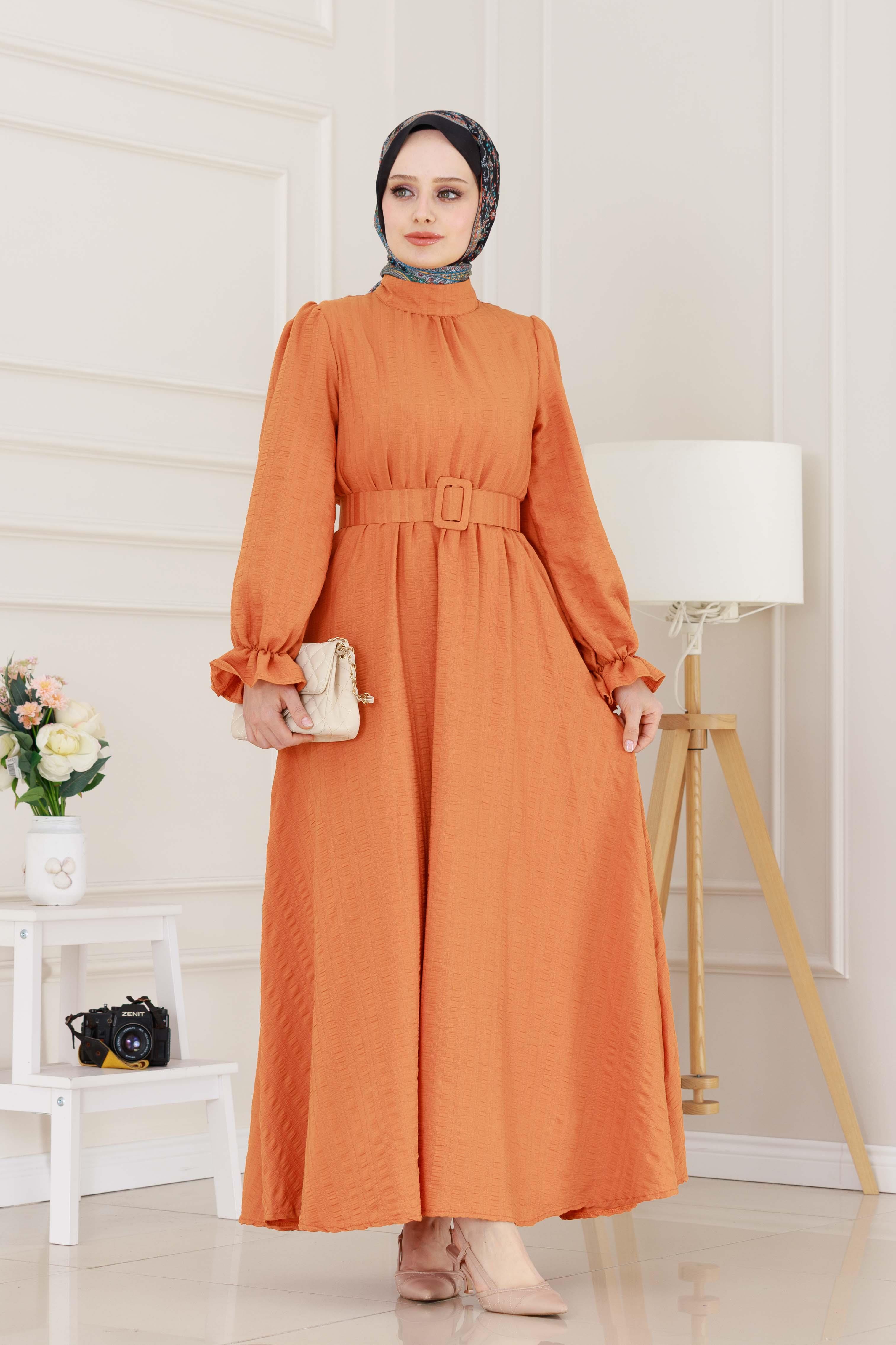 Kolu Volanlı Kemerli Henna Elbise-Turuncu