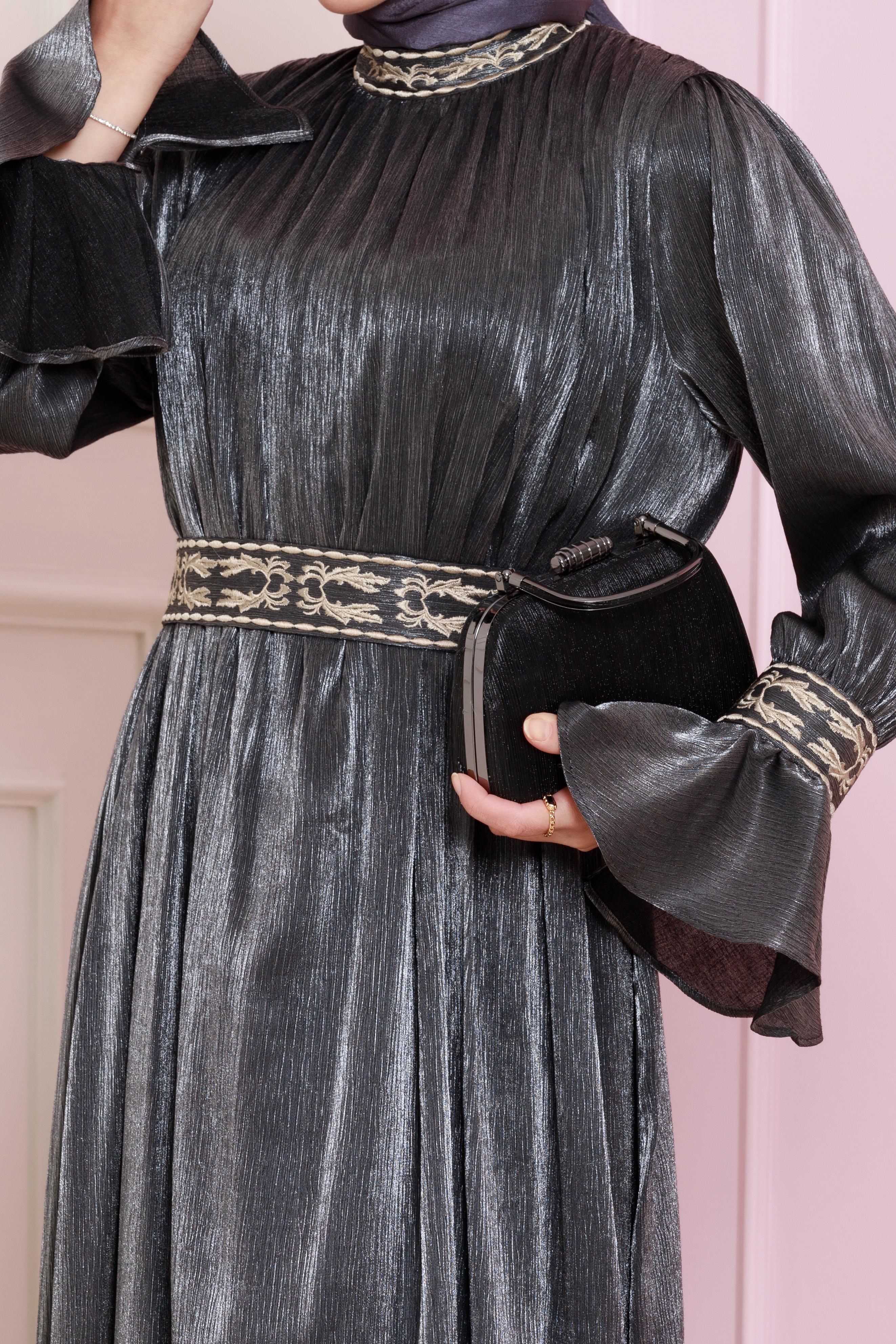 Sleeve Flounce Embroidery Detailed Evening Dress-Anthracite color