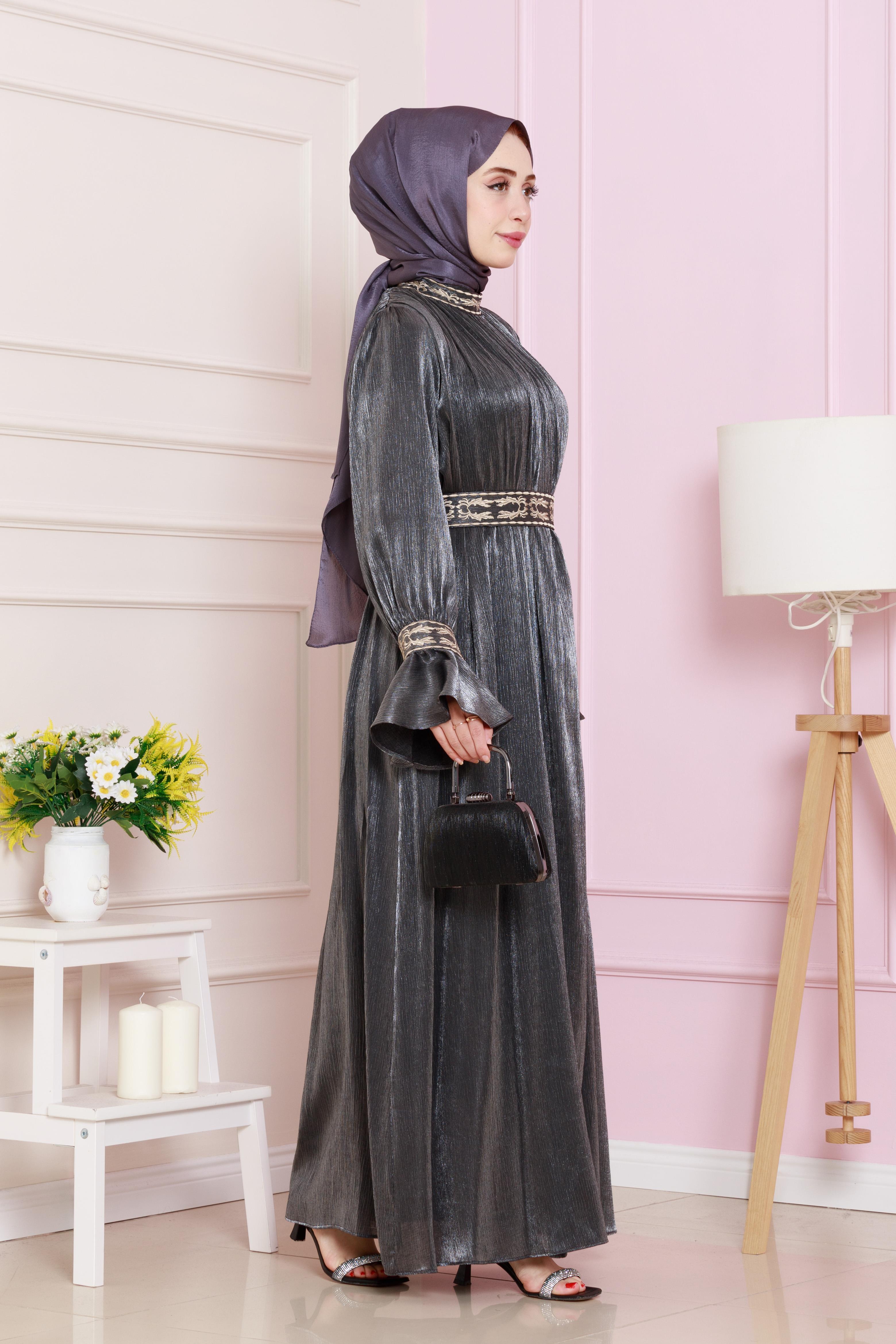 Sleeve Flounce Embroidery Detailed Evening Dress-Anthracite color