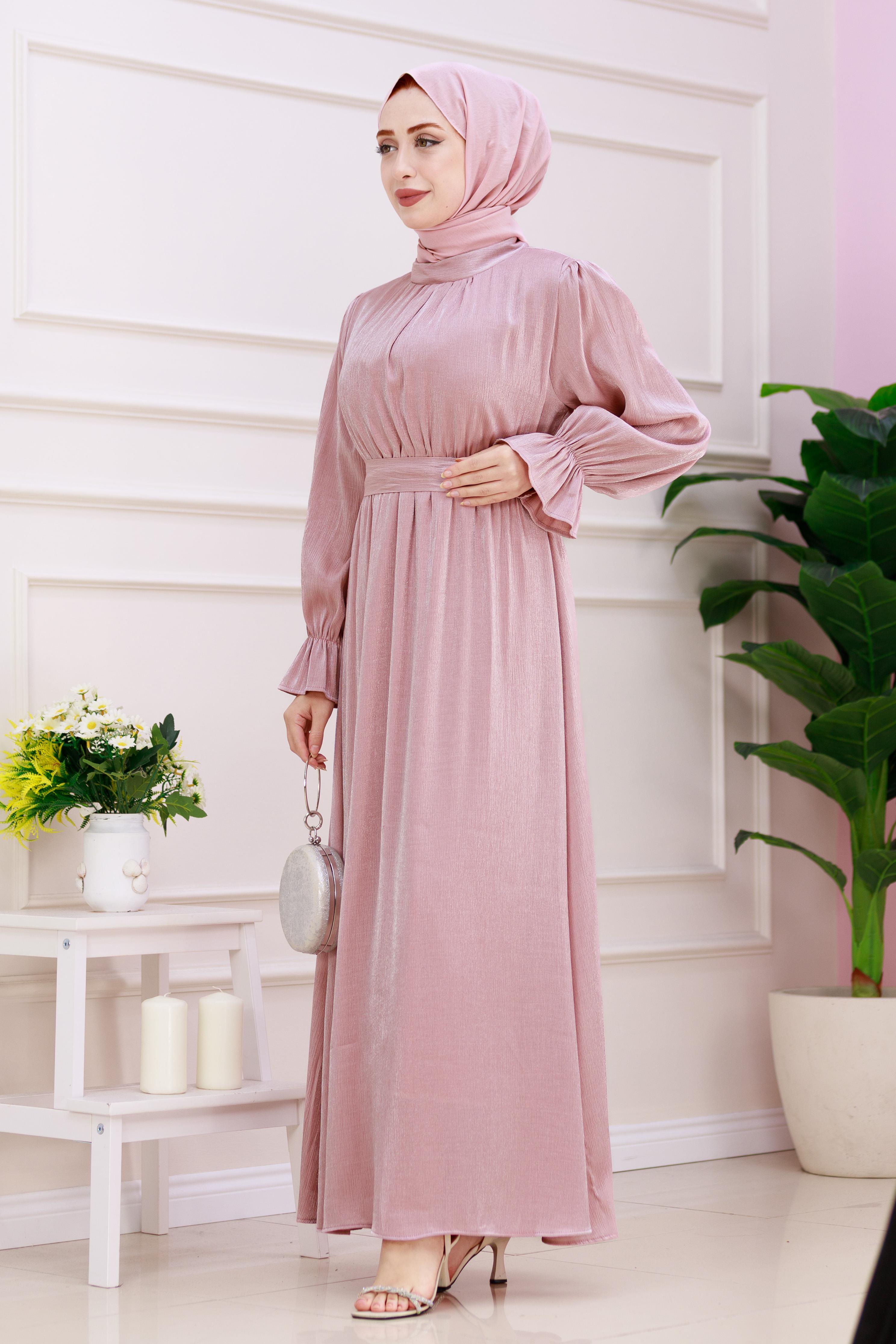Kolu Volanlı Simli Alya Abiye-Pembe