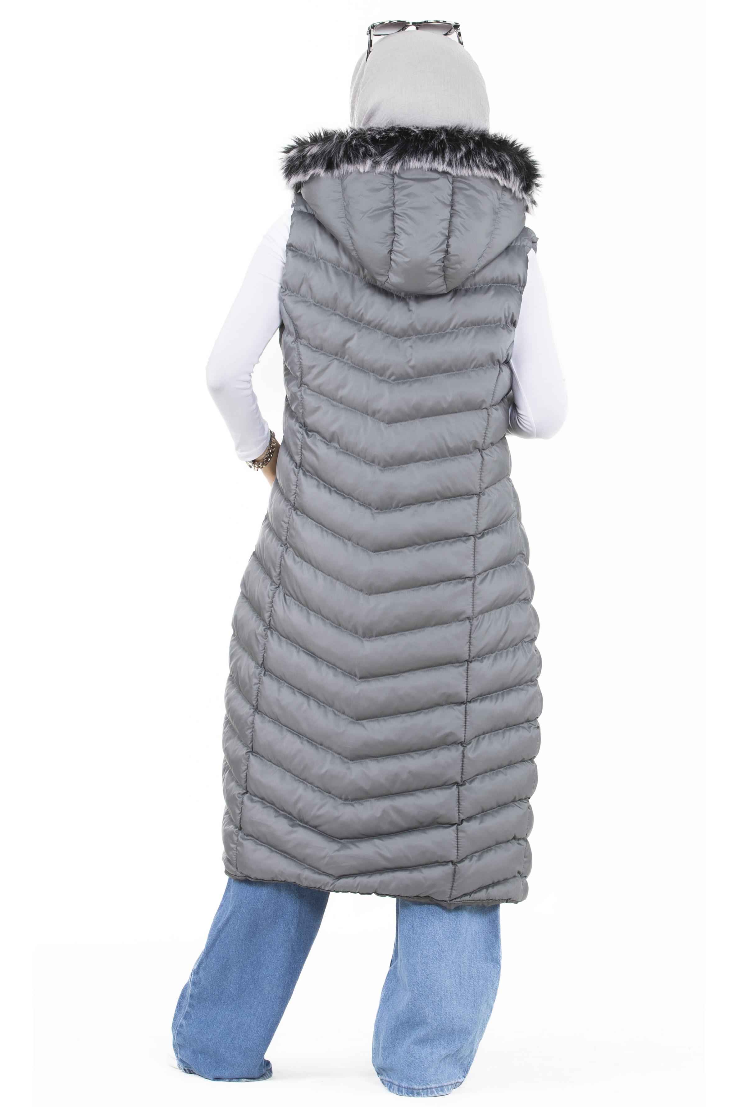 Furry Long Puffer Vest-Grey