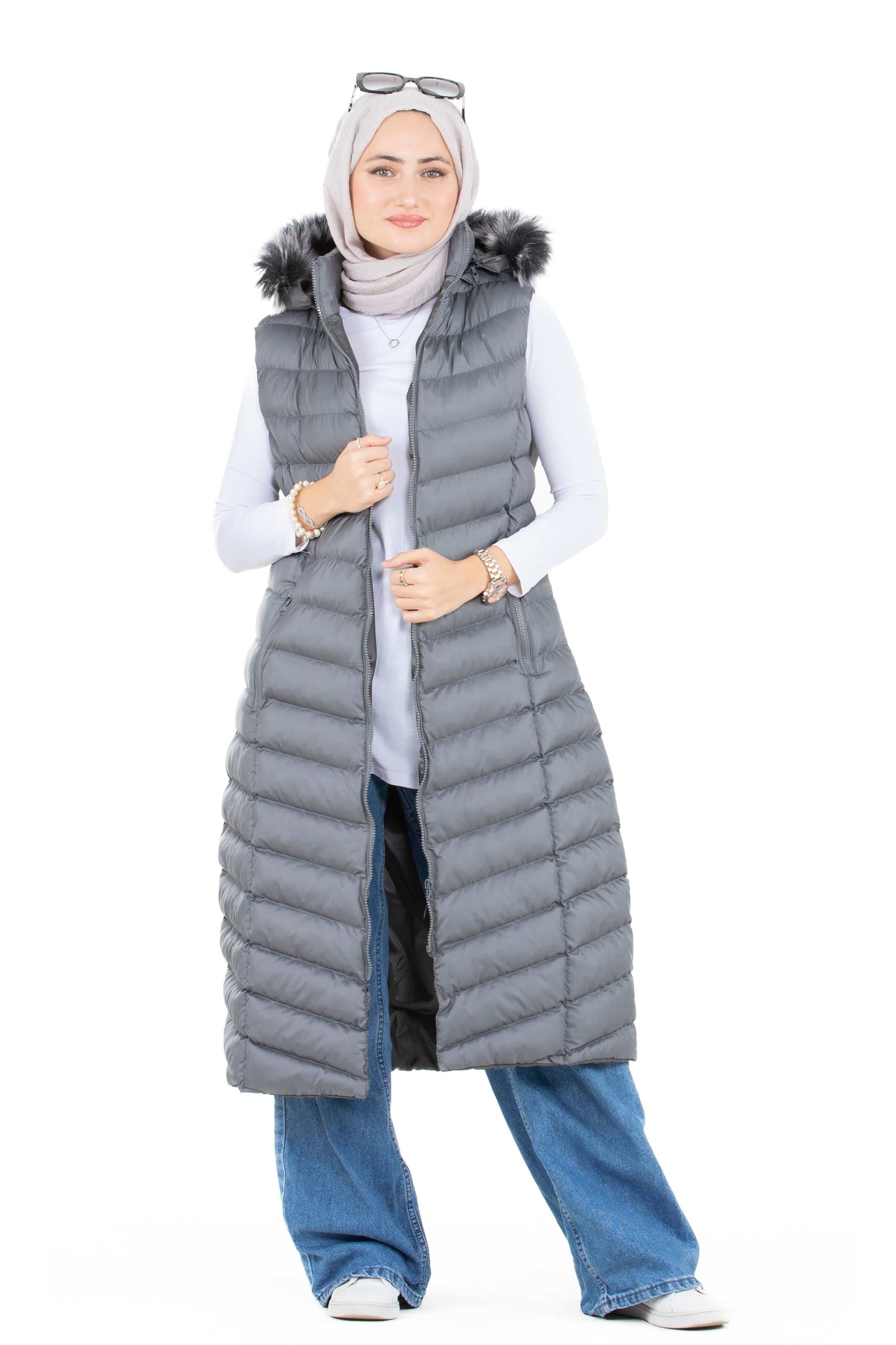 Furry Long Puffer Vest-Grey