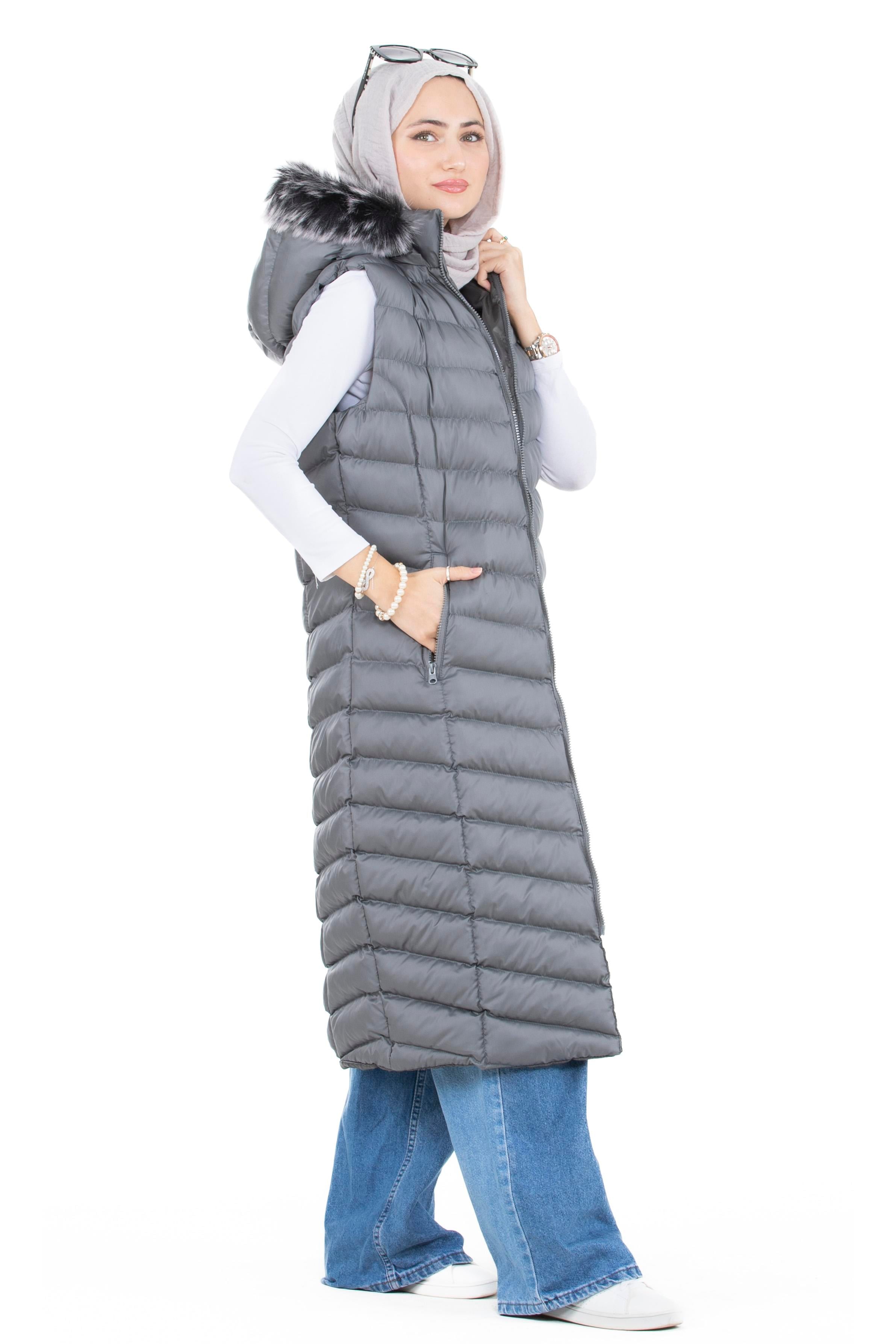 Furry Long Puffer Vest-Grey