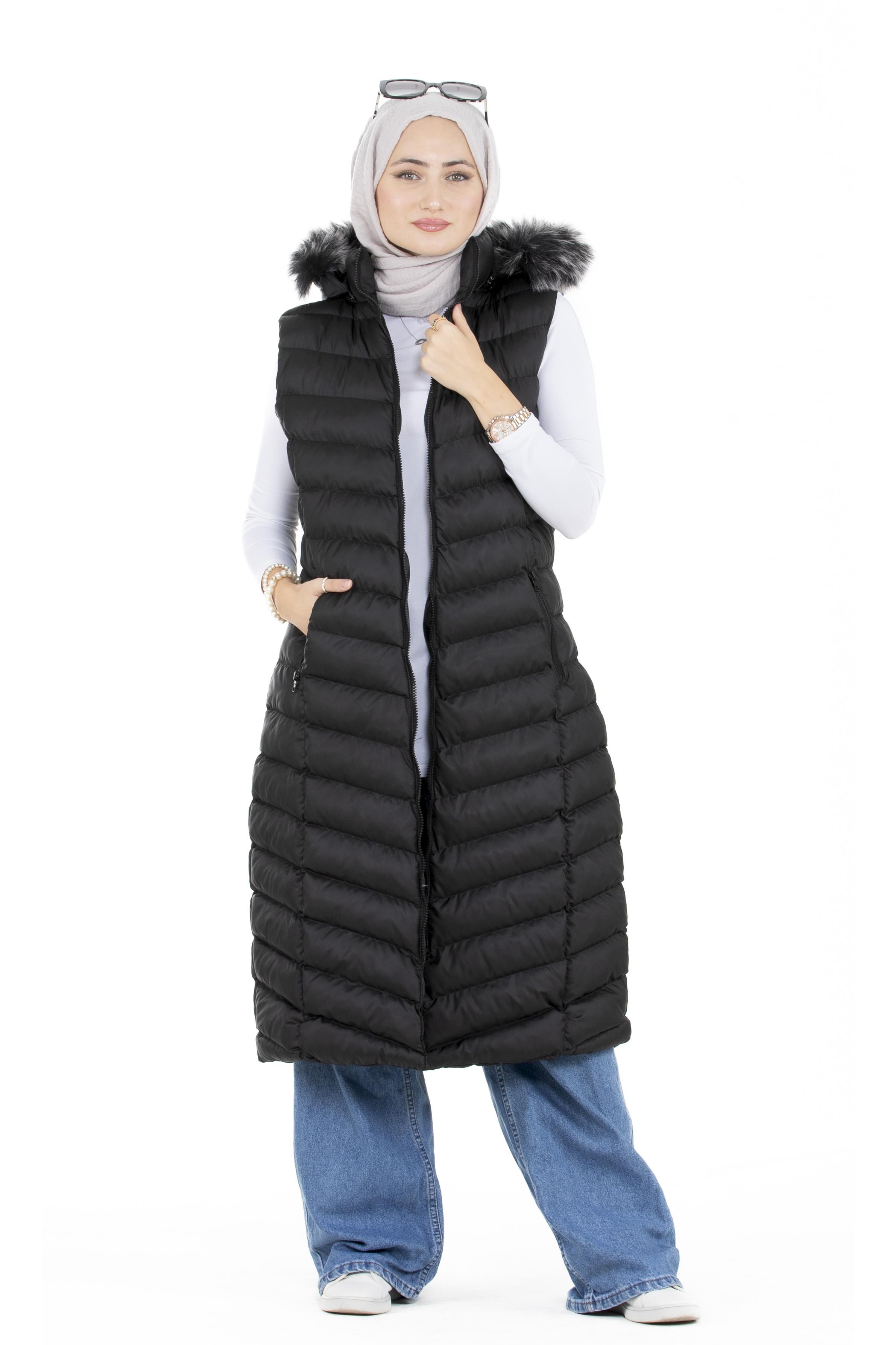 Furry Long Puffer Vest-Black