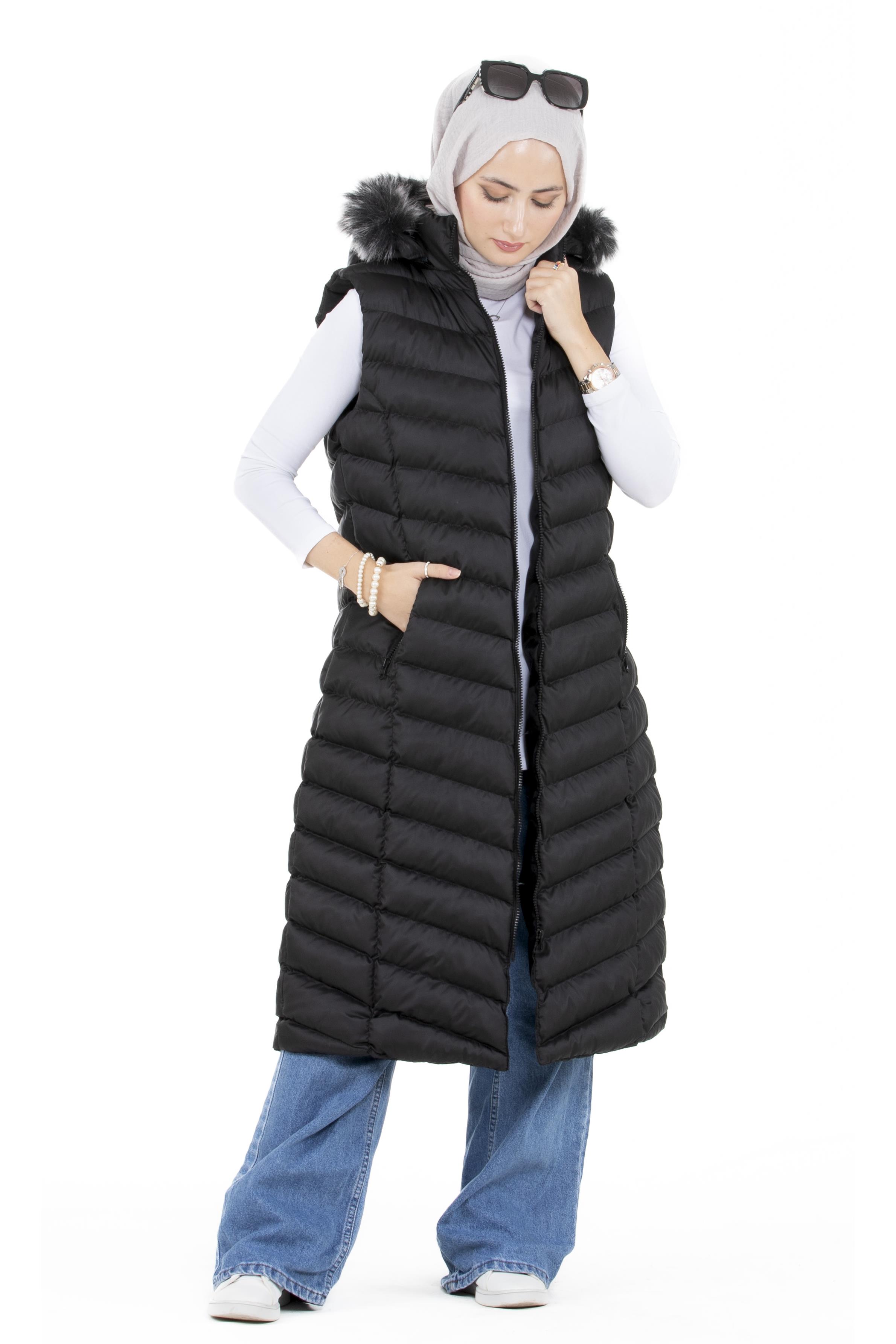 Furry Long Puffer Vest-Black