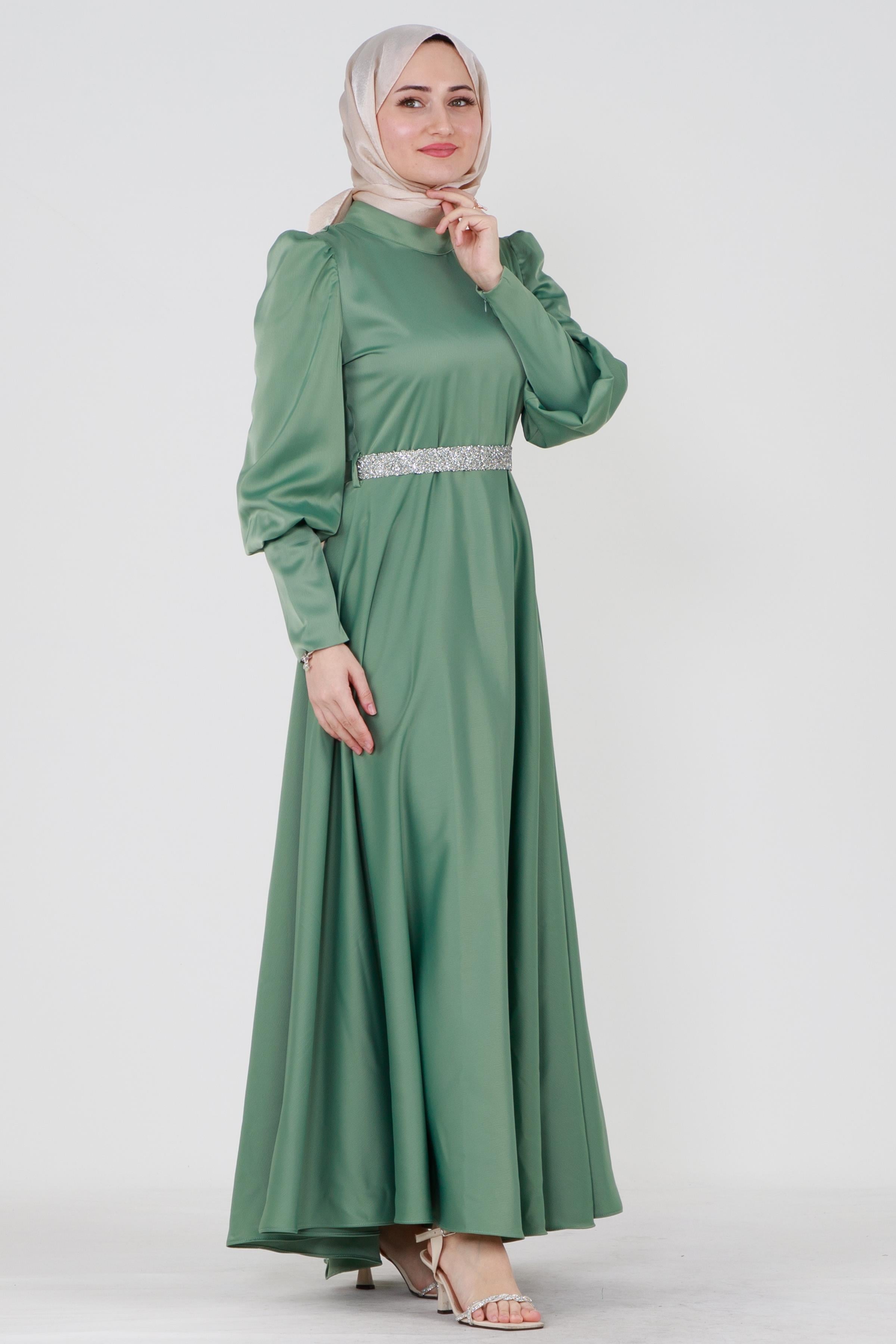 Kuşağı Taşlı Saten Abiye-Mint Yeşili