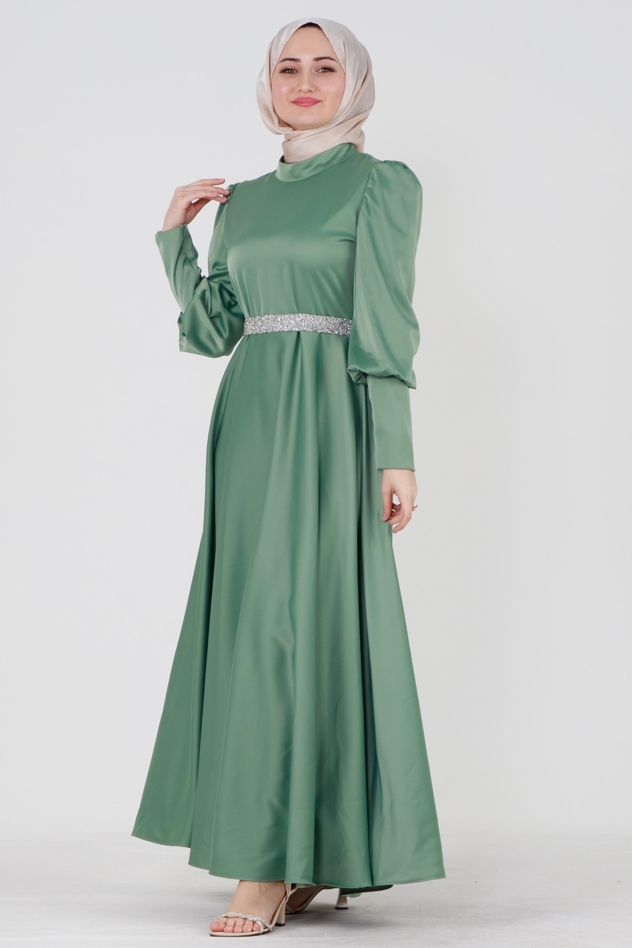Kuşağı Taşlı Saten Abiye-Mint Yeşili