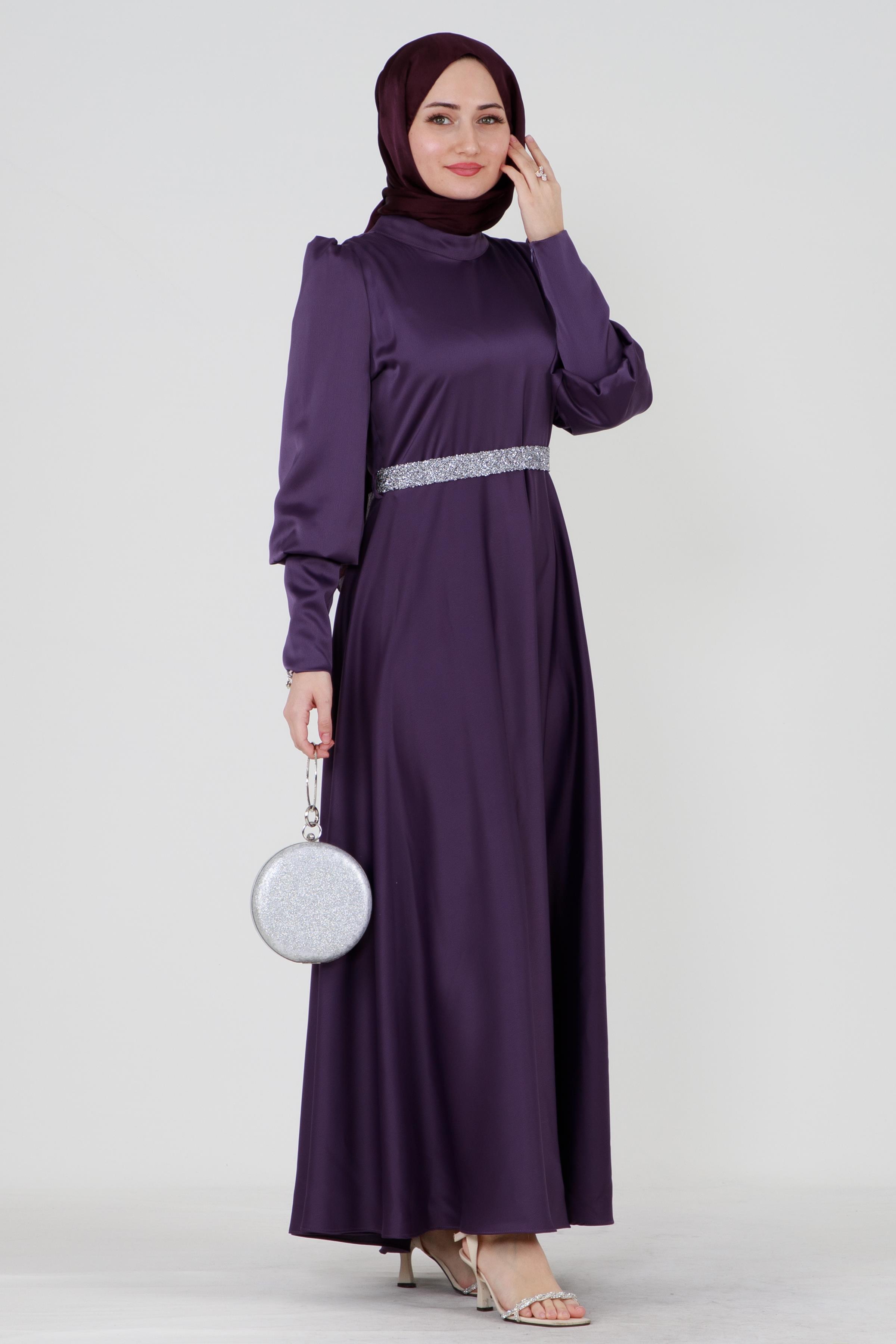 Kuşağı Taşlı Saten Abiye-Mor