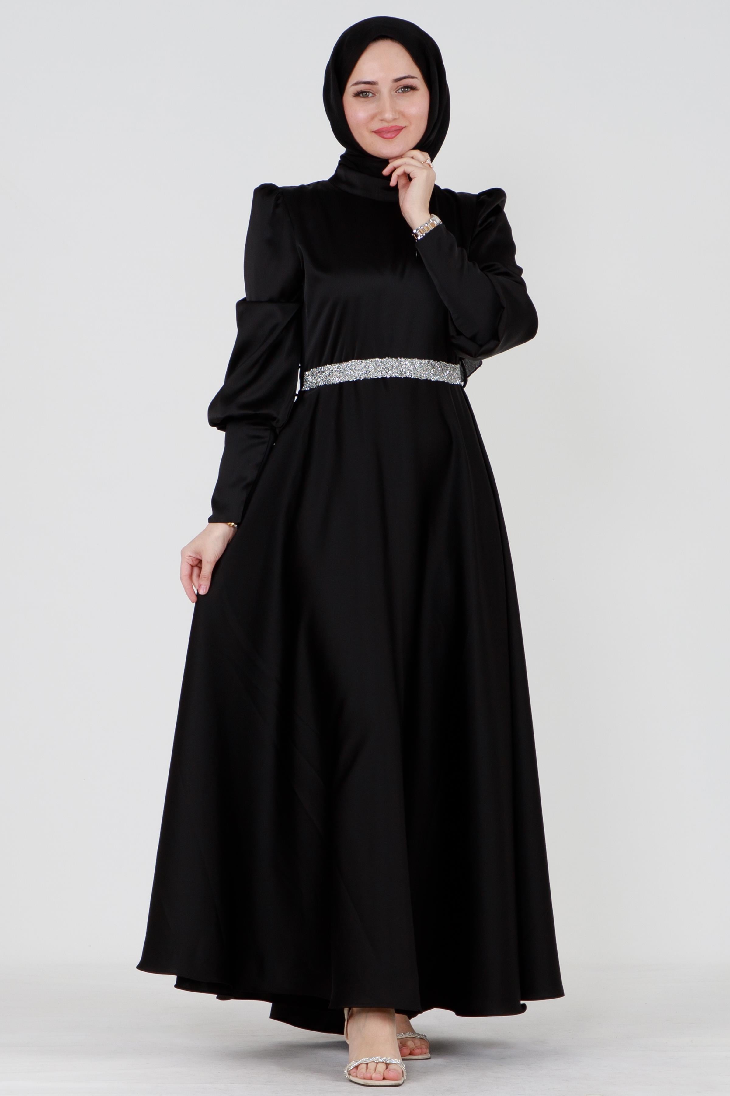 Satin dress with belt decorated with stones- black color